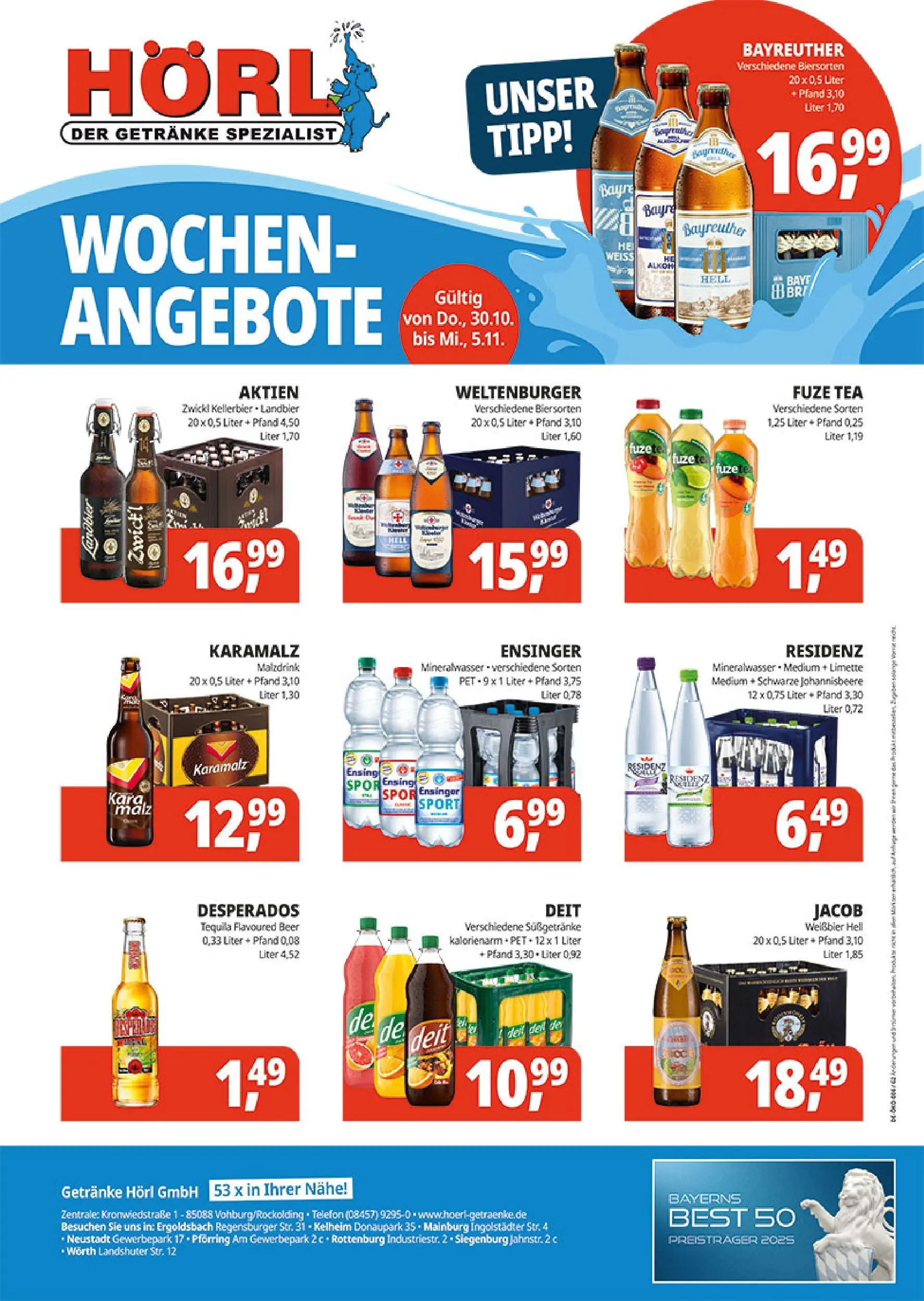 Entdecke - Getränke Hörl: Wochen-Angebote! (ab 29.10.2025) zum Blättern | Seite: 1 | Produkte: Fuze tea, Mineralwasser, Tequila, Limette