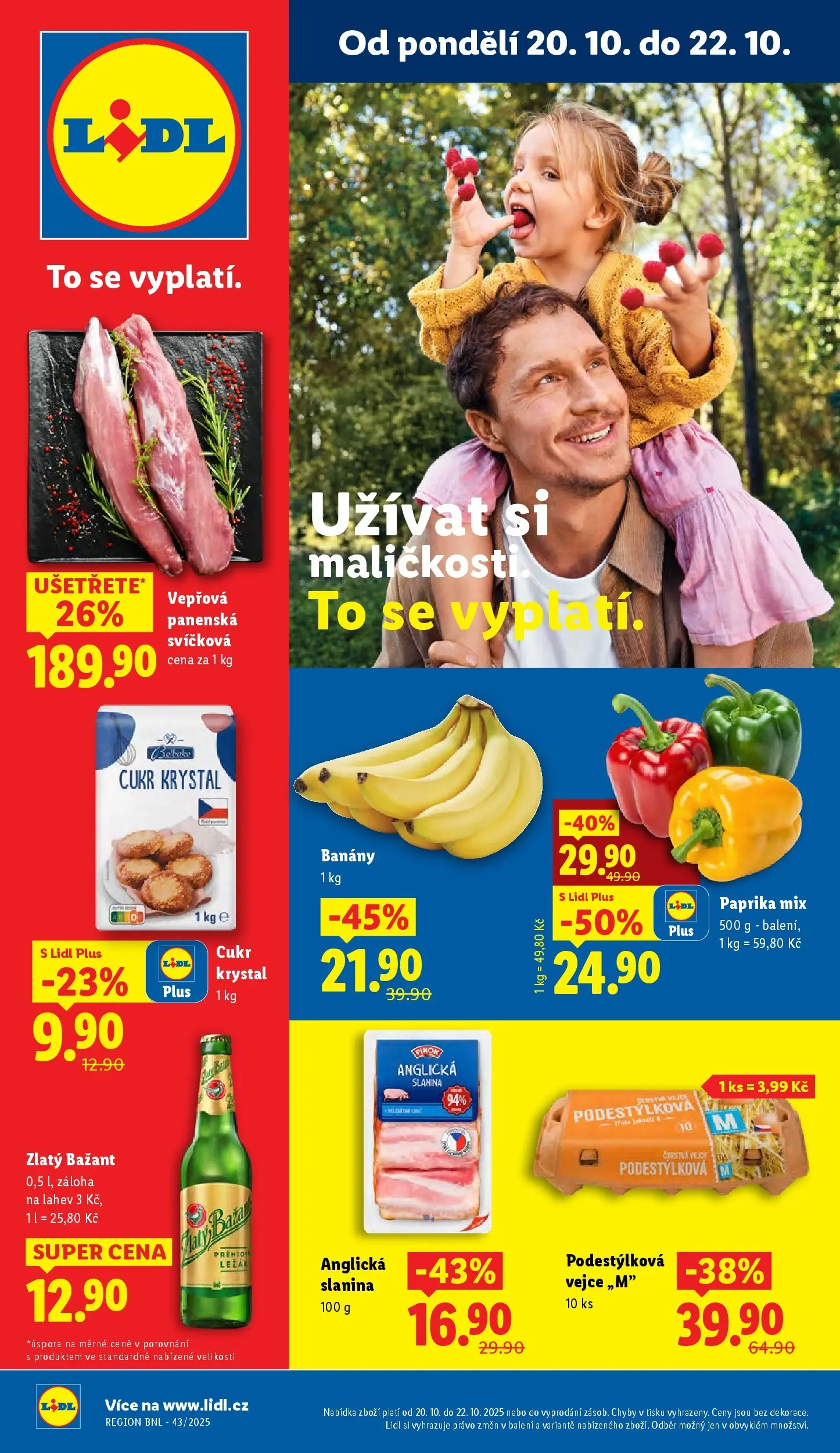 Lidl leták od 19.10.2025 - Nový akční leták | Strana: 1 | Produkty: Zlatý Bažant, Anglická slanina, Paprika, Slanina