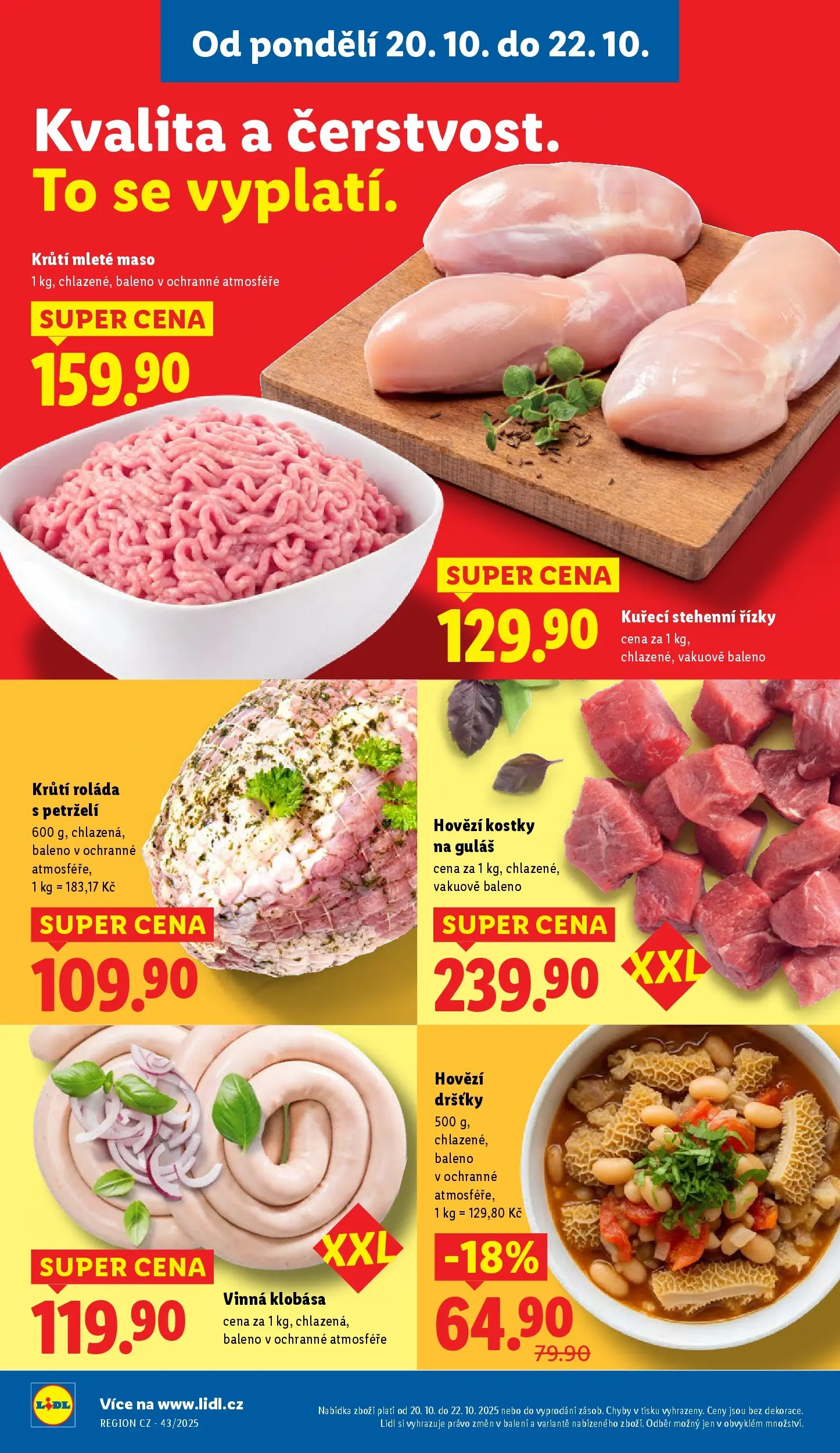 Lidl leták od 19.10.2025 - Nový akční leták | Strana: 10 | Produkty: Stehenní řízky, Maso, Guláš, Hovězí dršťky