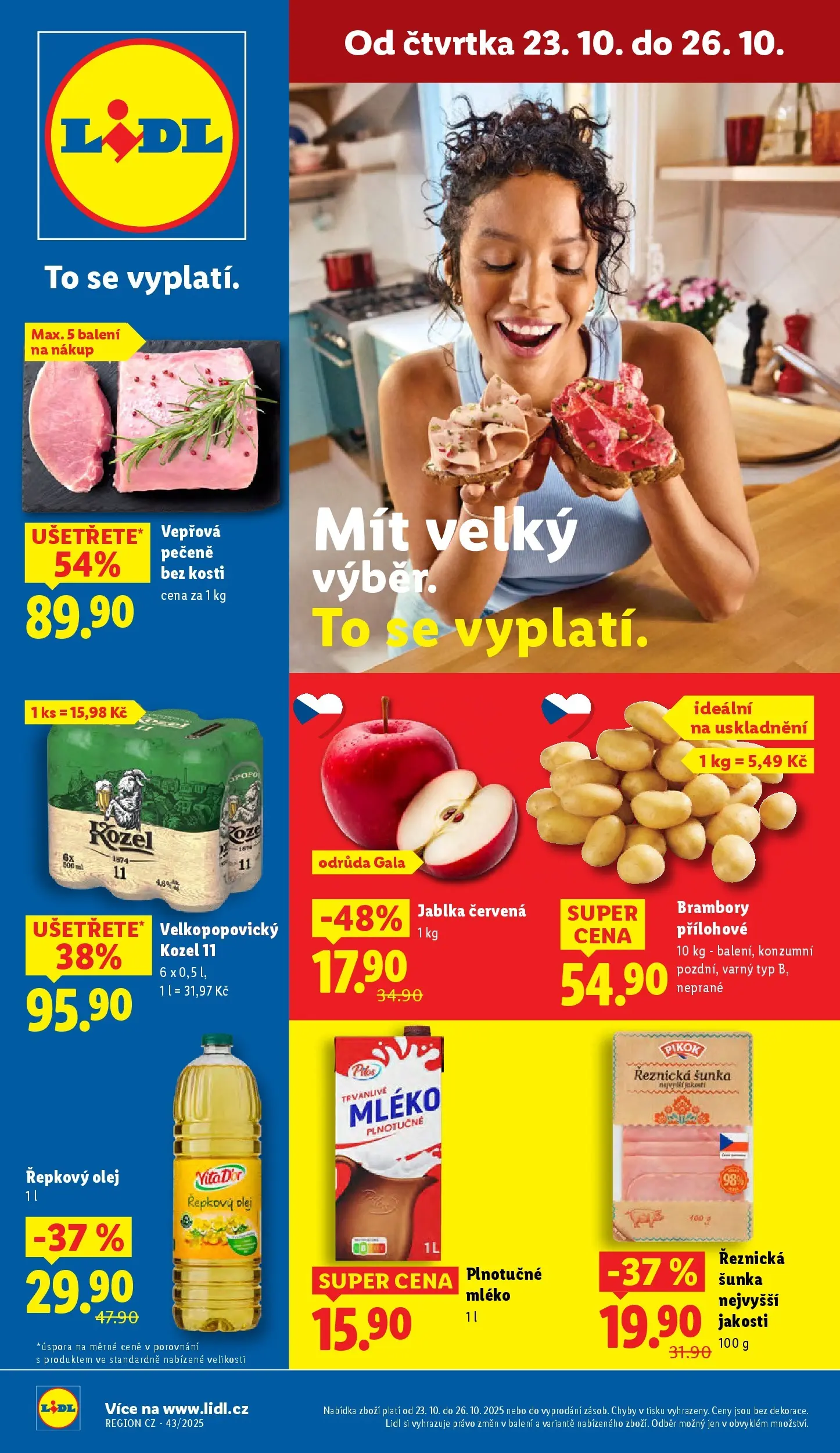 Lidl leták od 22.10.2025 - Nový akční leták | Strana: 1 | Produkty: Vepřová pečeně, Jablka, Velkopopovický Kozel, Pikok