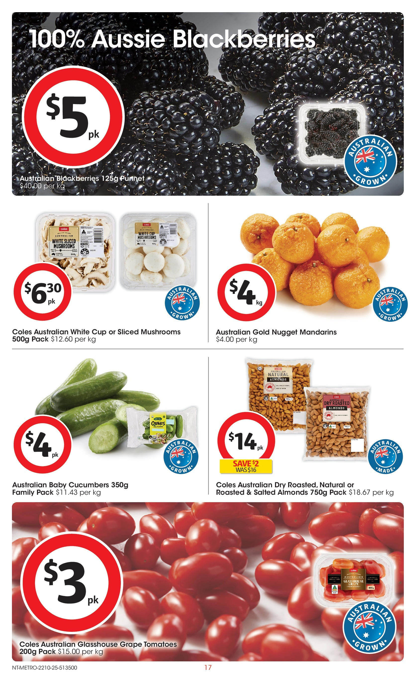 ﻿﻿Coles catalogue valid from 20/10/2025 > Online Australia | Page: 17 | Products: Almonds, Mushrooms, Mandarins, Cucumbers