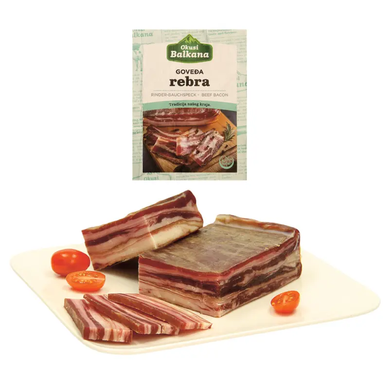 Halal Rinder-Bauchspeck, gesalzen, geräuchert, mindestens 50 Tage luftgetrocknet gereift.