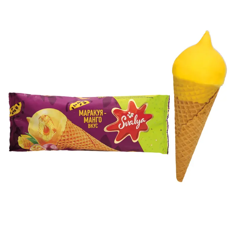 Eis mit Maracuja-Geschmack mit Füllung mit Maracuja - Geschmack im Waffelhörnchen mit 4,5% kakaohaltiger Fettglasur, überzogen mit 7,5% Glasur mit Mangogeschmack