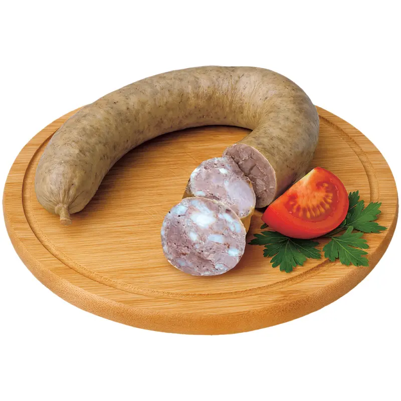 Kochwurst mit Leber ukrainischer Art, mit Schweine- und Rindfleischaroma, grob, schnittfest, leicht geräuchert, in essbarem Naturdarm.