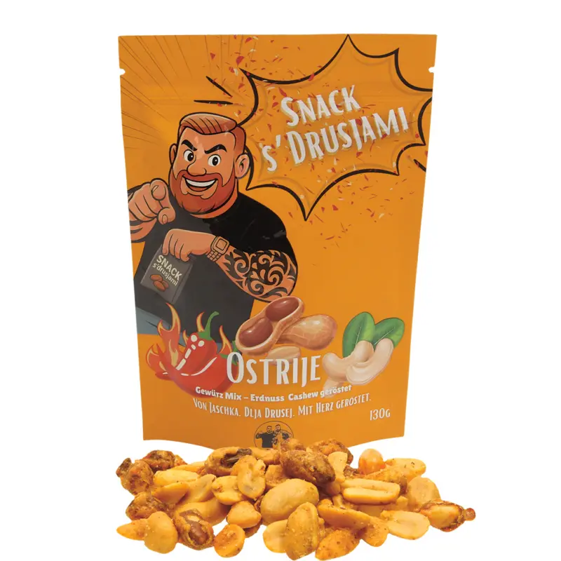 Snack s Drusjami, Gewürz Mix Erdnüsse und Cashews geröstet, mit exotischer Würzmischung