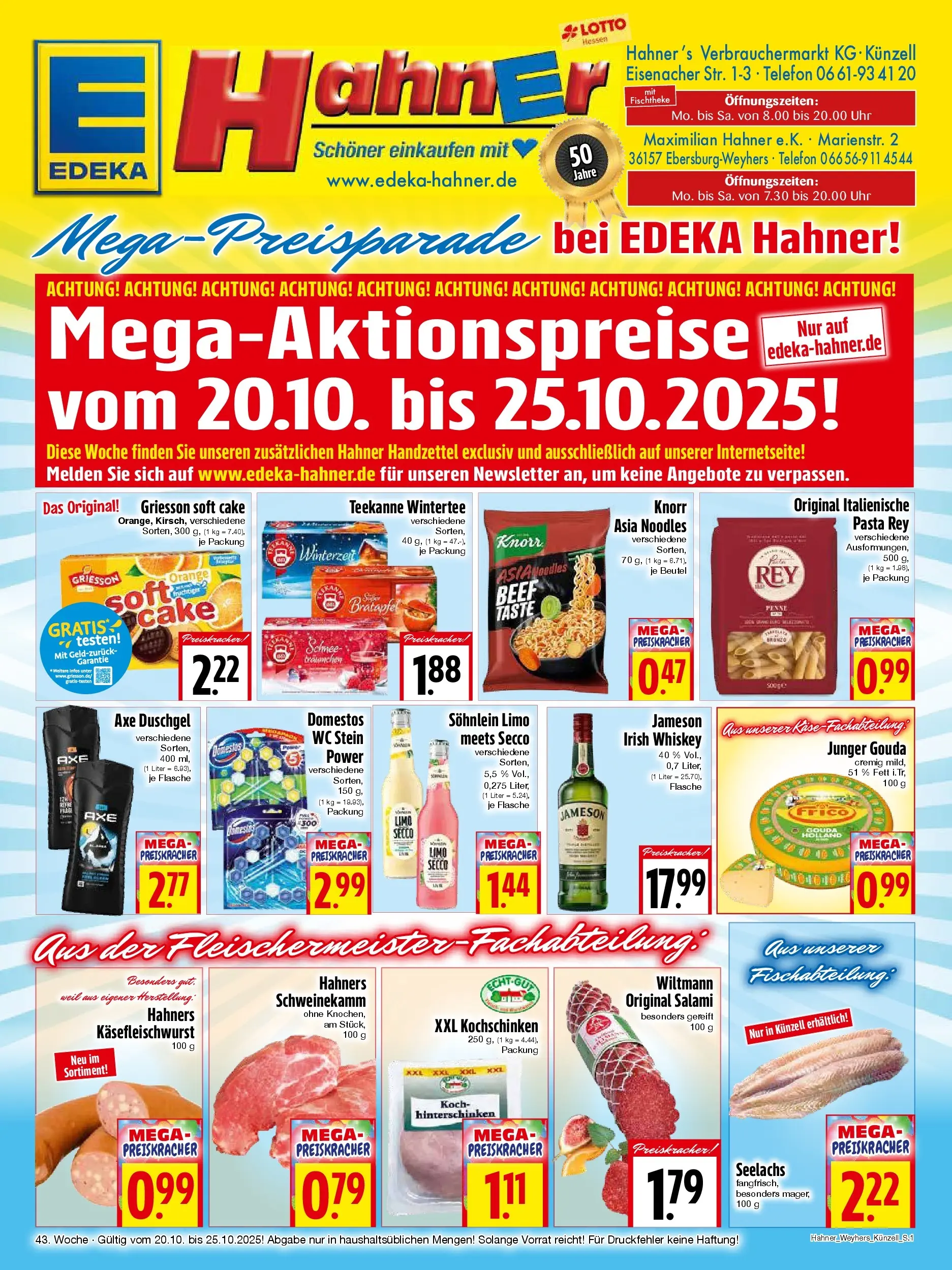 Entdecke - Edeka Hahner: Wochenangebote (ab 19.10.2025) zum Blättern | Seite: 1 | Produkte: Gouda, Duschgel, WC Stein, Pasta