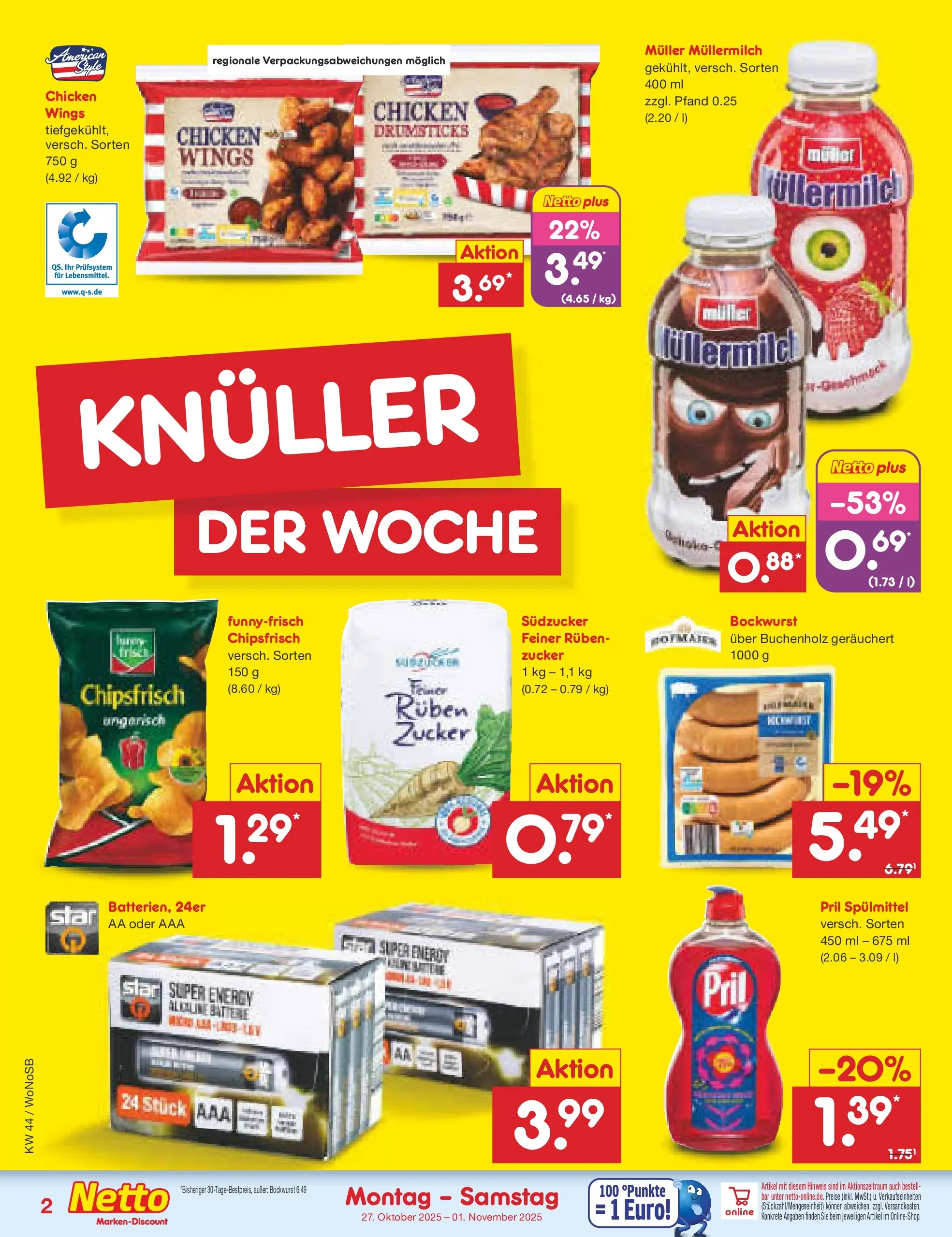 Netto Marken-Discount prospekt Frankfurt (ab 26.10.2025) » Angebote | Seite: 2 | Produkte: Bockwurst, Zucker, Pril, Muller mullermilch Netto Marken-Discount prospekt Frankfurt (ab 26.10.2025) » Angebote | Seite: 2 | Produkte: Bockwurst, Zucker, Pril, Muller mullermilch