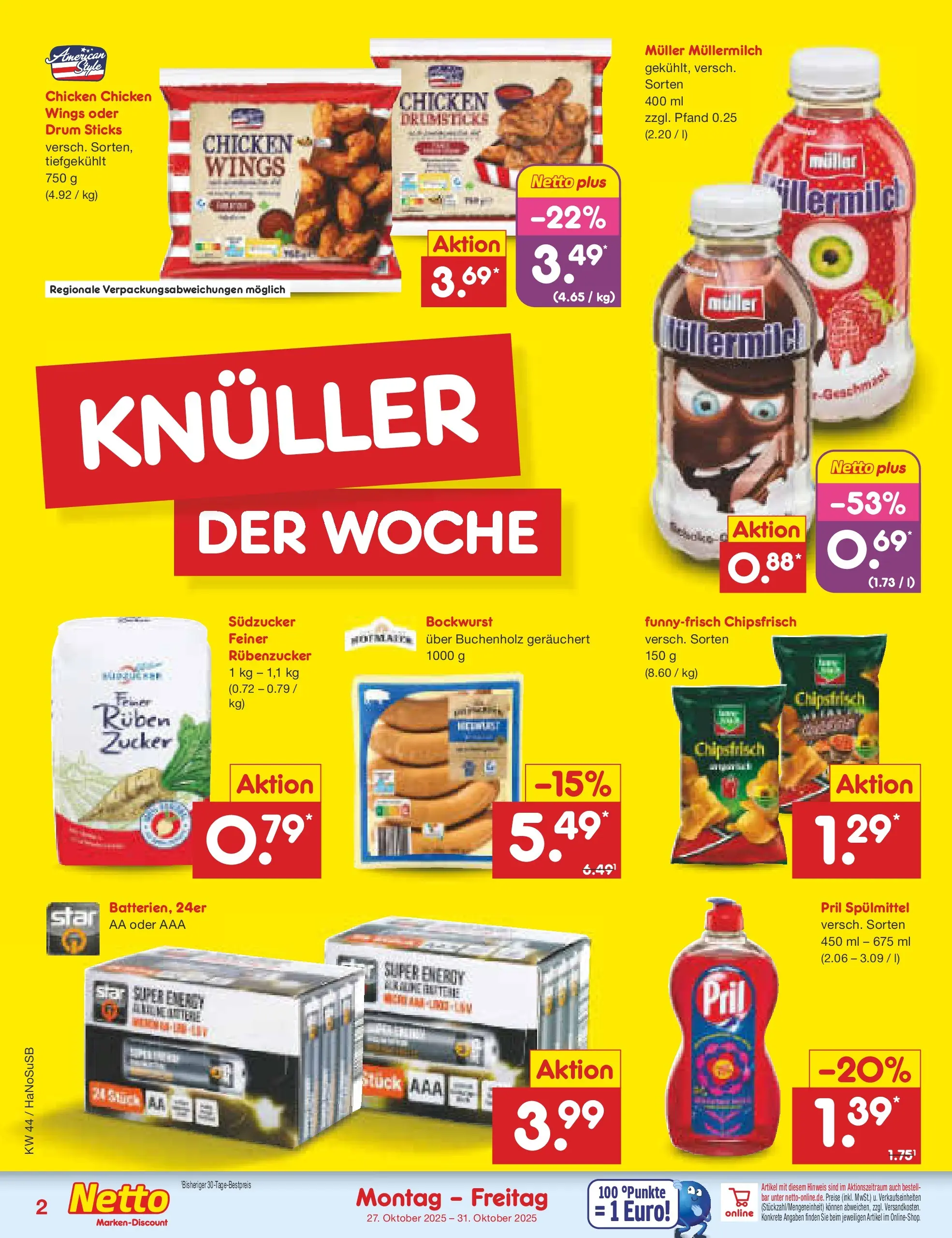 Netto Marken-Discount prospekt Schwerte-Geisecke	 (ab 27.10.2025) » Angebote | Seite: 2 | Produkte: Bockwurst, Zucker, Müllermilch, Pril Netto Marken-Discount prospekt Schwerte-Geisecke	 (ab 27.10.2025) » Angebote | Seite: 2 | Produkte: Bockwurst, Zucker, Müllermilch, Pril