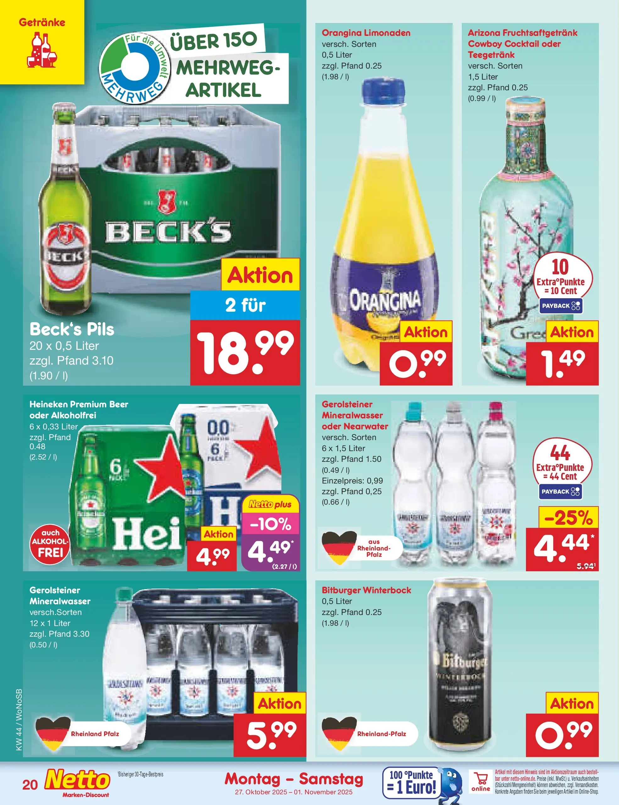Netto Marken-Discount prospekt Frankfurt (ab 26.10.2025) » Angebote | Seite: 22 | Produkte: Bitburger, Mineralwasser, Heineken, Gerolsteiner Netto Marken-Discount prospekt Frankfurt (ab 26.10.2025) » Angebote | Seite: 22 | Produkte: Bitburger, Mineralwasser, Heineken, Gerolsteiner
