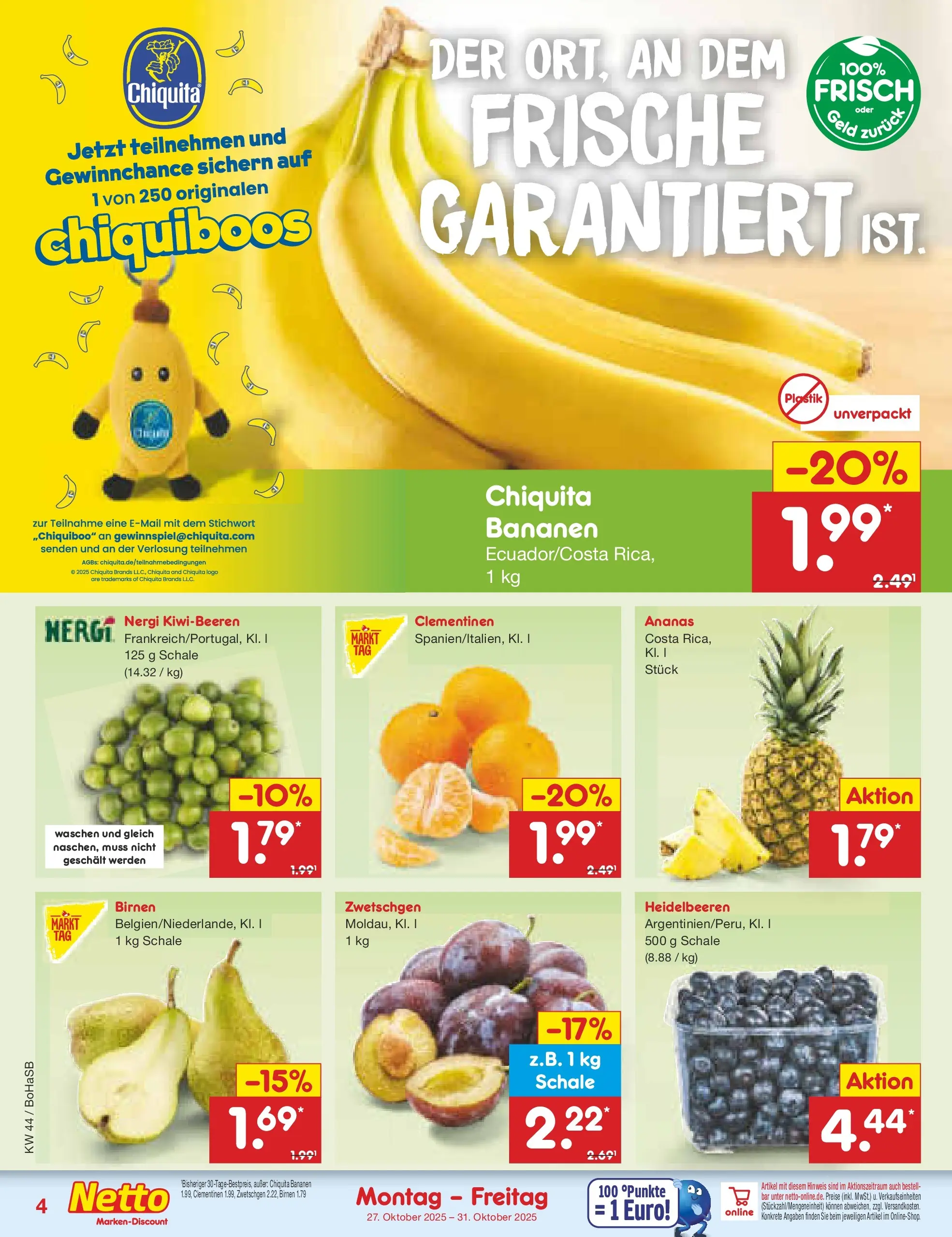 Netto Marken-Discount prospekt Stadtlohn	 (ab 27.10.2025) » Angebote | Seite: 4 | Produkte: Bananen, Ananas, Zwetschgen, Heidelbeeren