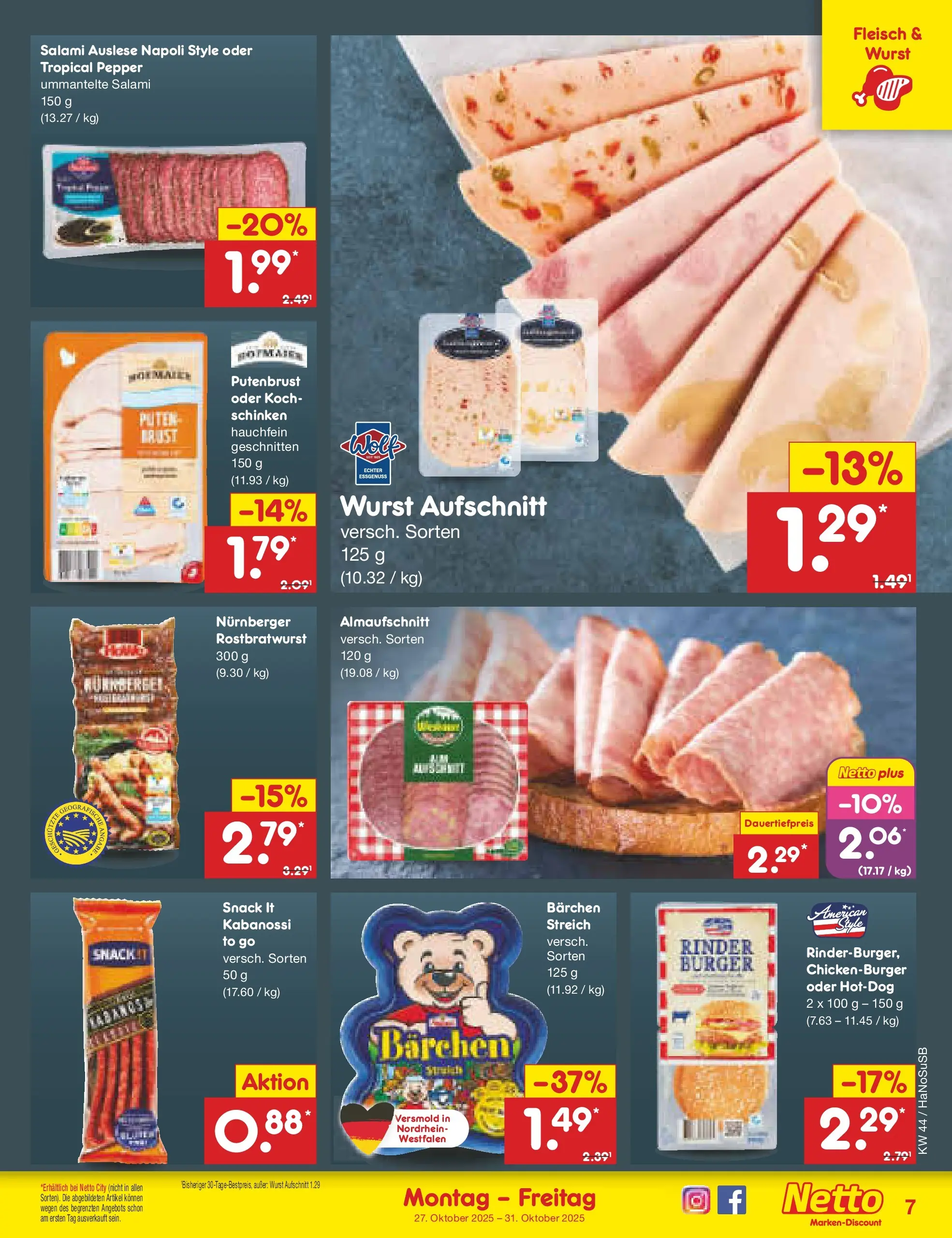Netto Marken-Discount prospekt Schwerte-Geisecke	 (ab 27.10.2025) » Angebote | Seite: 9 | Produkte: Burger, Salami, Schinken, Fleisch Netto Marken-Discount prospekt Schwerte-Geisecke	 (ab 27.10.2025) » Angebote | Seite: 9 | Produkte: Burger, Salami, Schinken, Fleisch