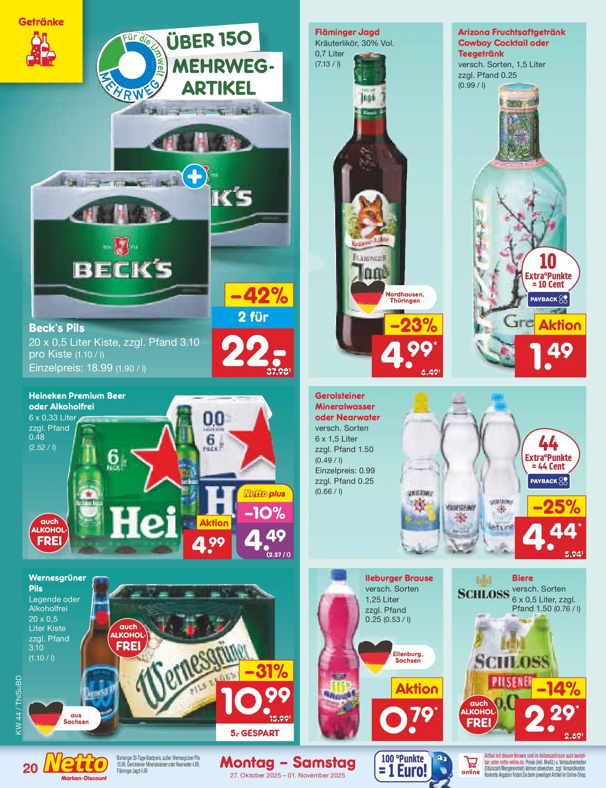 Netto Marken-Discount prospekt Thiendorf	 (ab 27.10.2025) » Angebote | Seite: 22 | Produkte: Pils, Wernesgruner, Mineralwasser, Heineken Netto Marken-Discount prospekt Thiendorf	 (ab 27.10.2025) » Angebote | Seite: 22 | Produkte: Pils, Wernesgruner, Mineralwasser, Heineken
