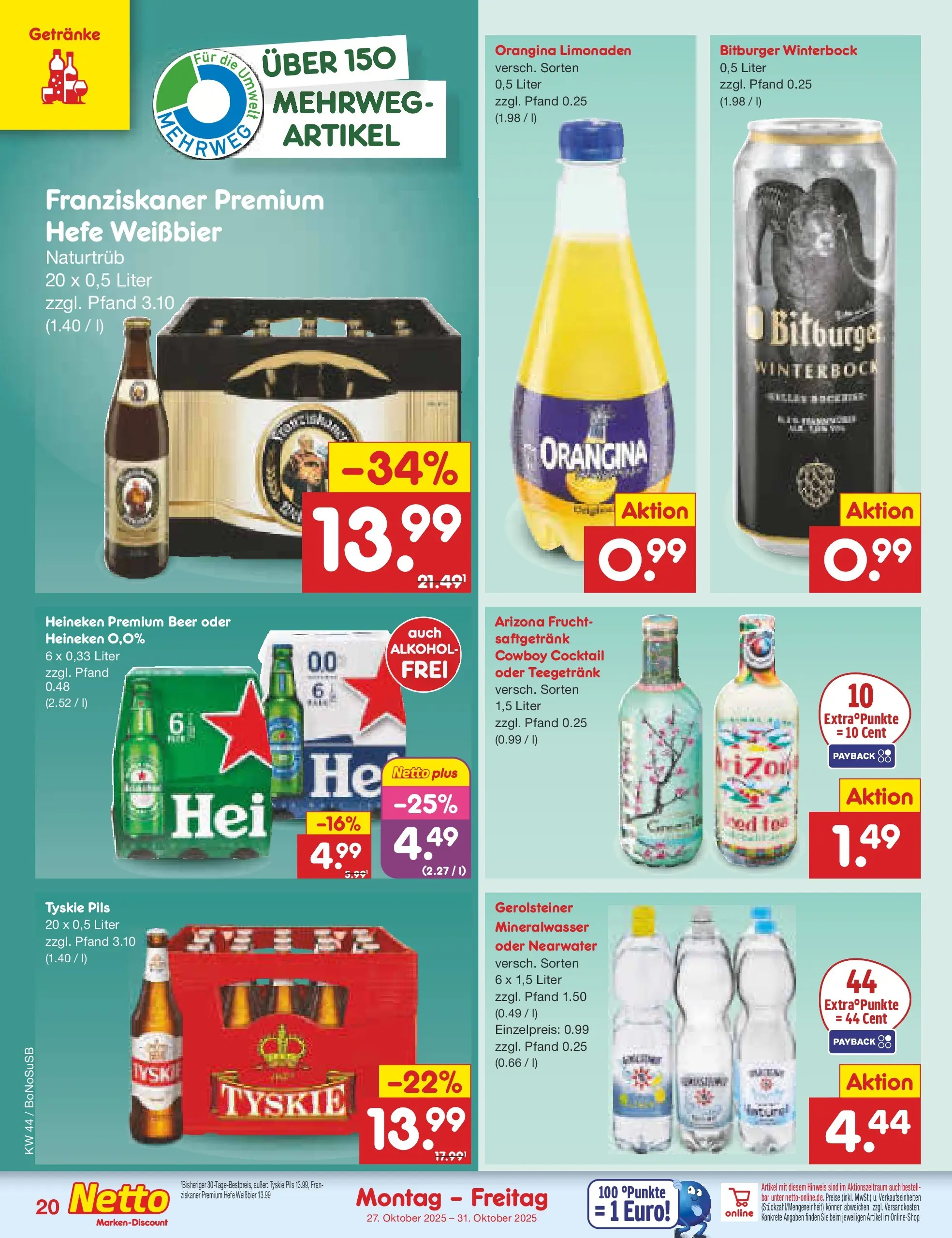 Netto Marken-Discount prospekt Stadtlohn	 (ab 27.10.2025) » Angebote | Seite: 22 | Produkte: Bitburger, Franziskaner, Mineralwasser, Heineken