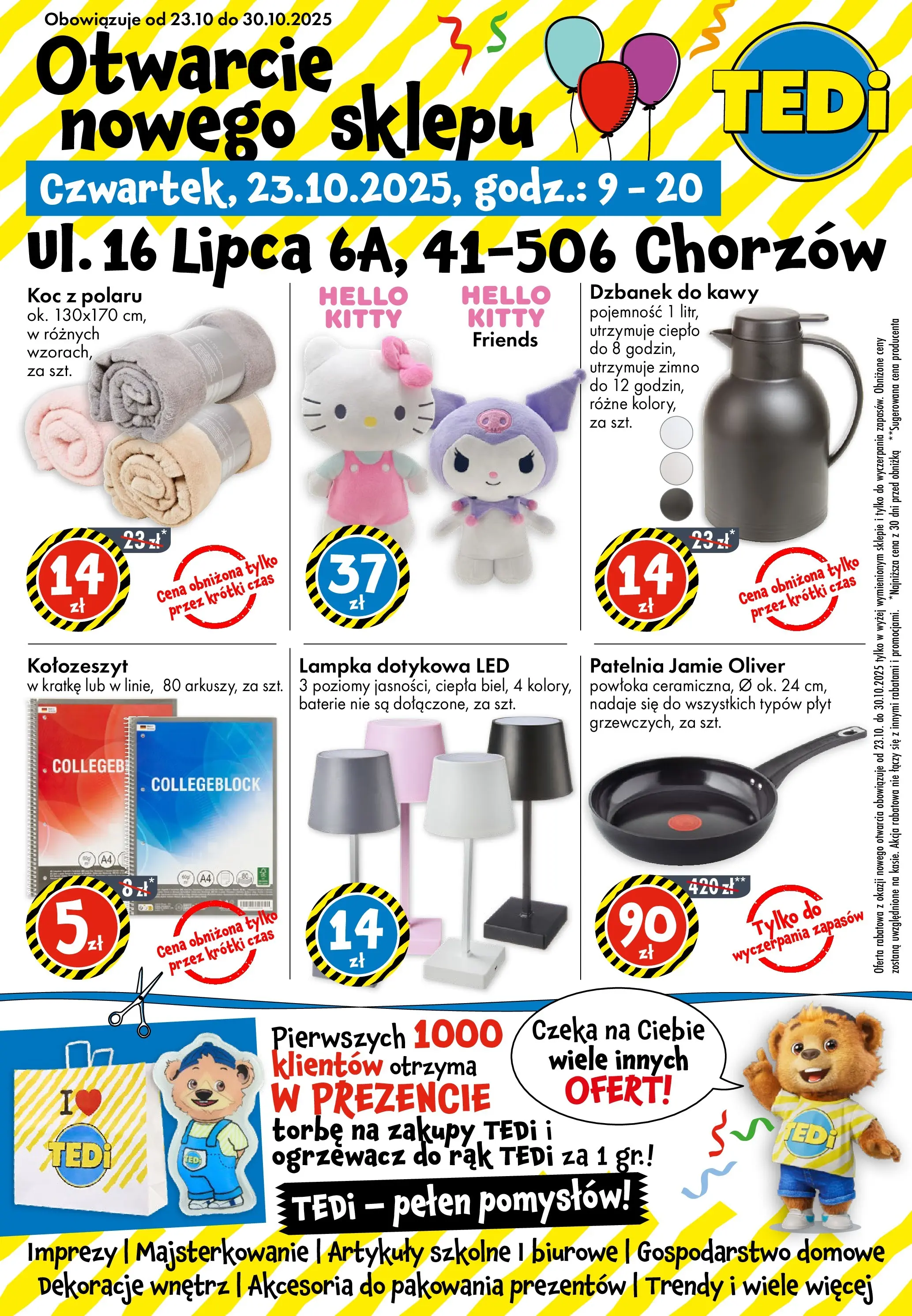 TEDi Gazetka - Chorzów od (23.10.2025 - 30.10.2025) | Strona: 1 | Produkty: Dzbanek, Baterie, Koc, Patelnia
