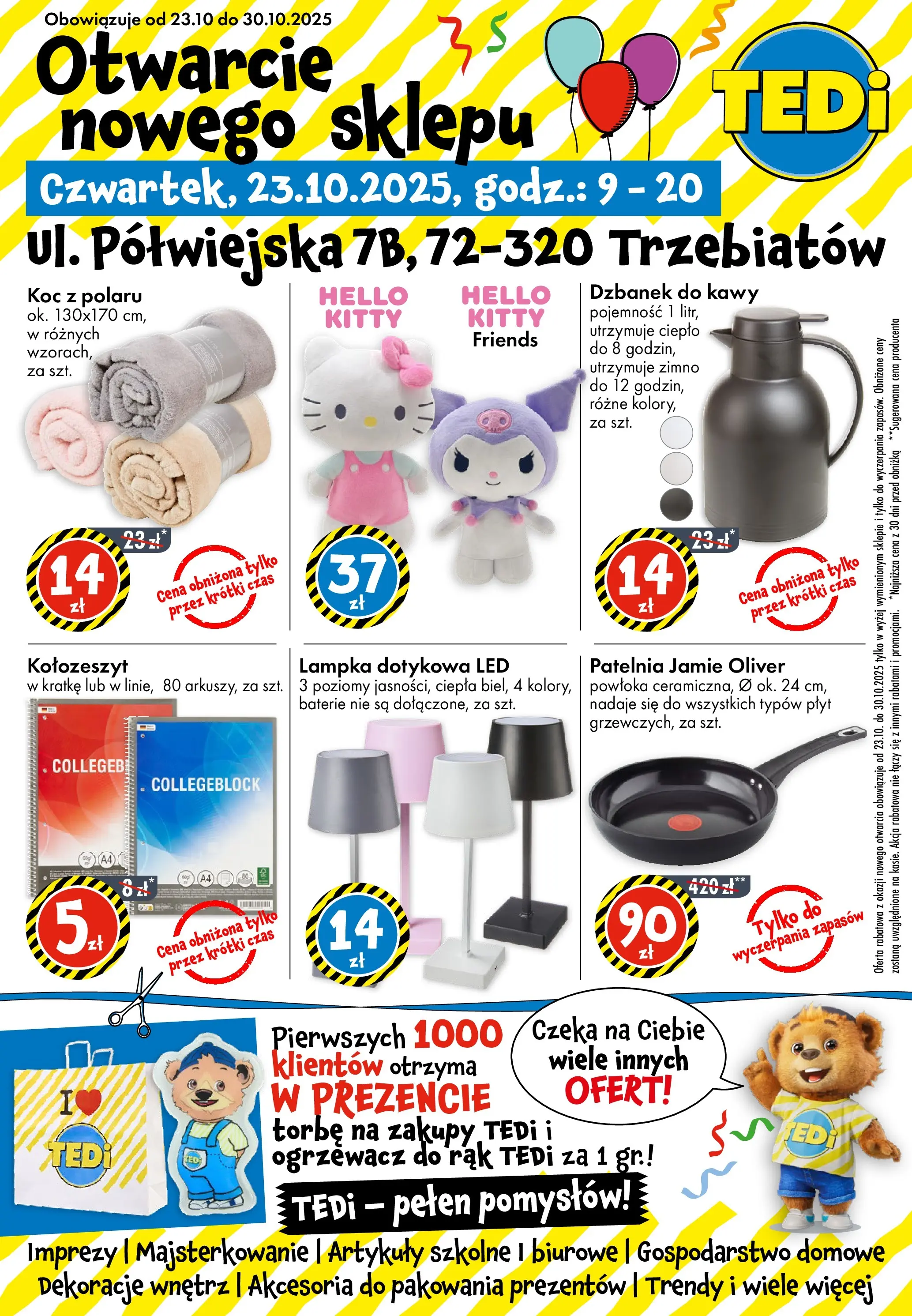 TEDi - Tedi gazetka do 26.10.2025 od (19.10.2025 - 26.10.2025) | Strona: 1 | Produkty: Dzbanek, Koc, Patelnia, Artykuły szkolne