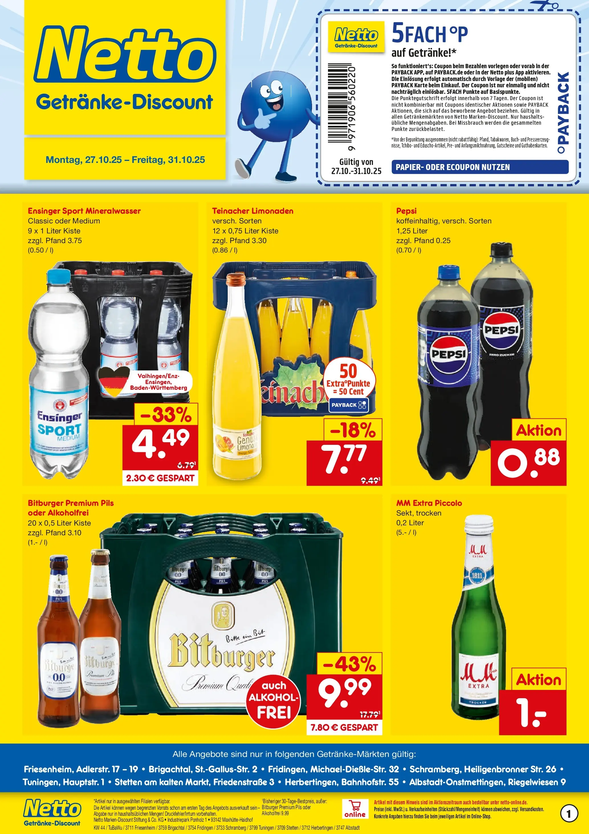 Netto Marken-Discount prospekt Brigachtal	 (ab 27.10.2025) » Angebote | Seite: 1 | Produkte: Bitburger, Pils, Mineralwasser, Pepsi