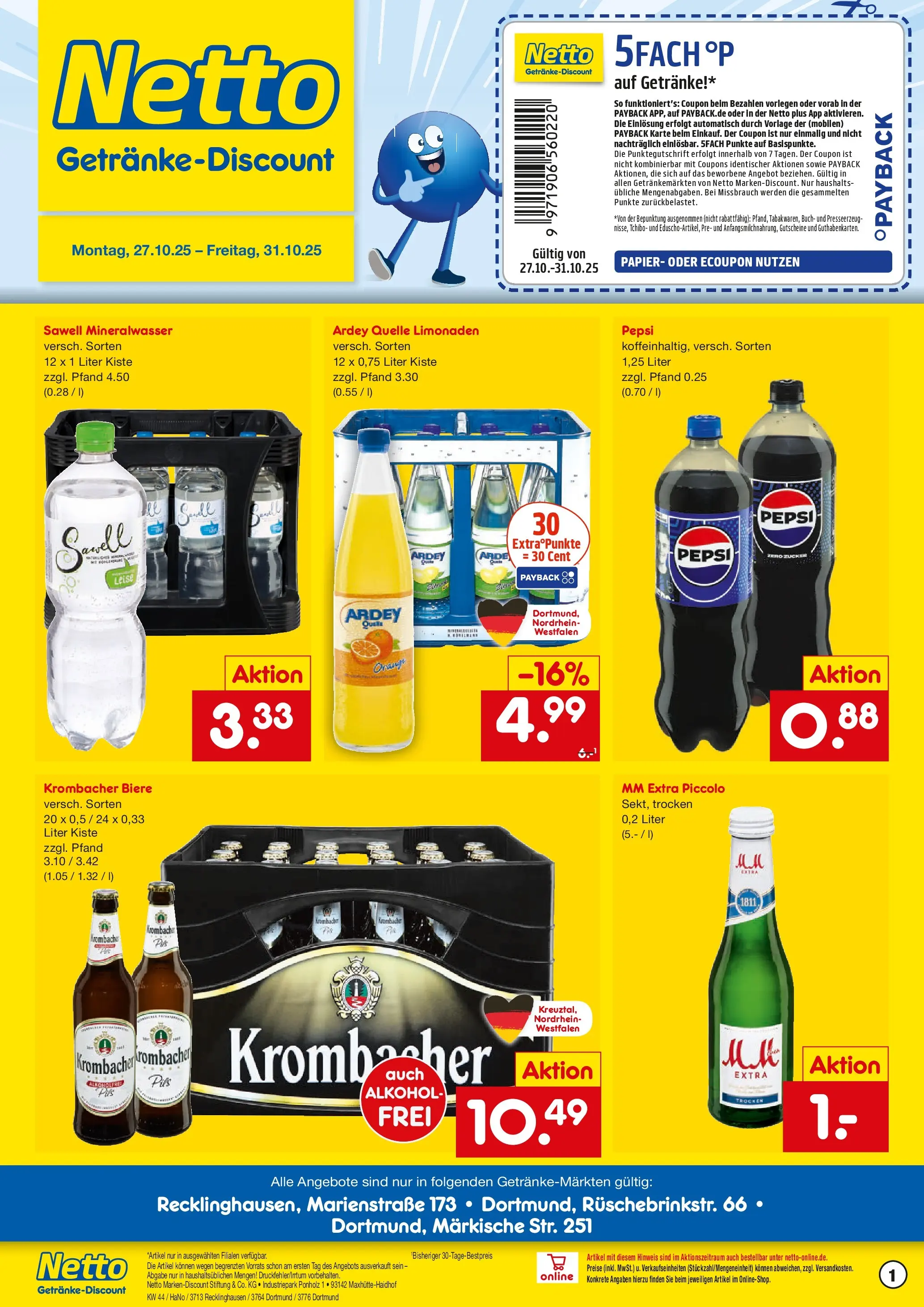 Netto Marken-Discount prospekt Dortmund	 (ab 27.10.2025) » Angebote | Seite: 1 | Produkte: Mineralwasser, Krombacher, Pepsi