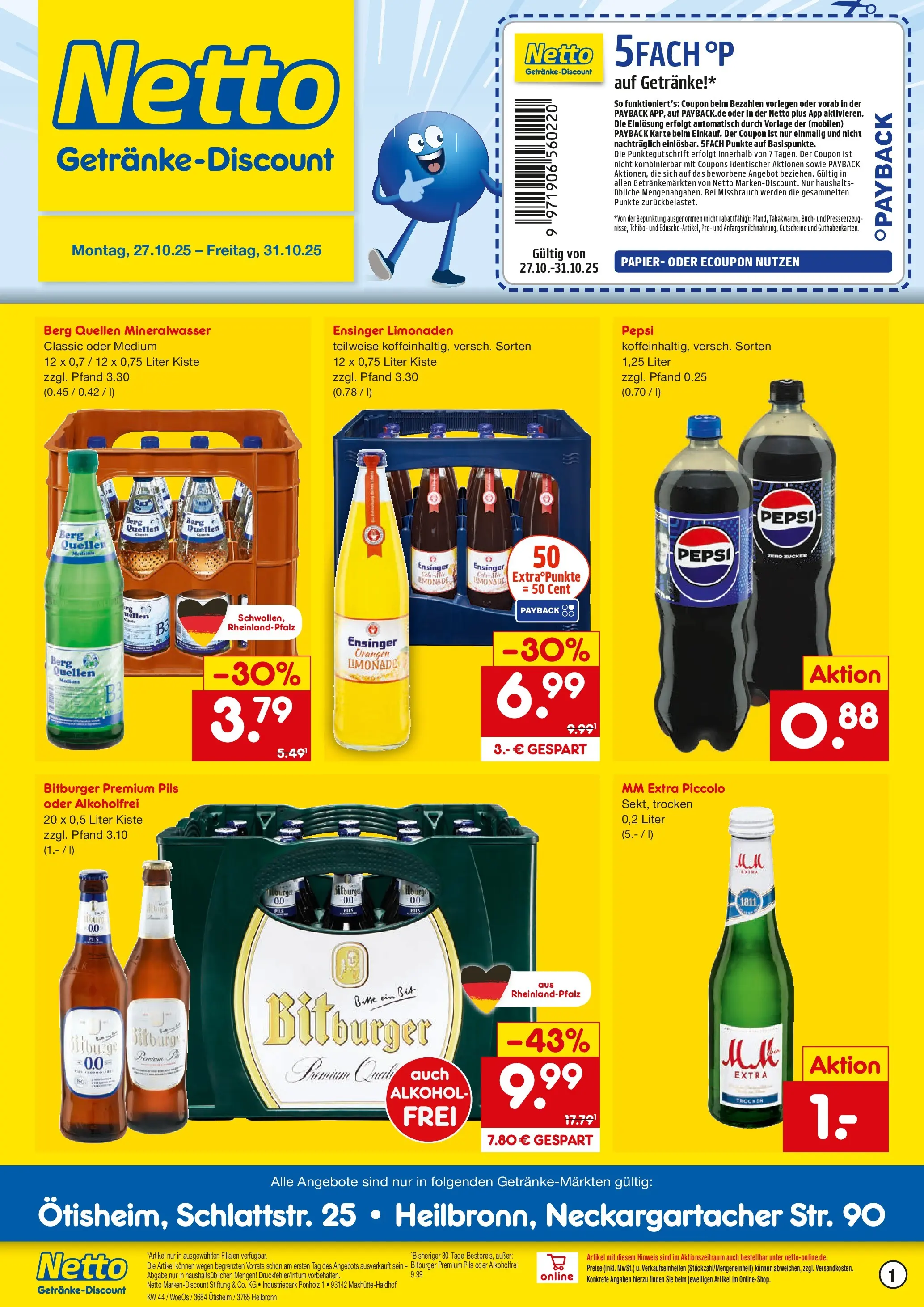 Netto Marken-Discount prospekt Heilbronn	 (ab 27.10.2025) » Angebote | Seite: 1 | Produkte: Bitburger, Orangen, Mineralwasser, Pepsi