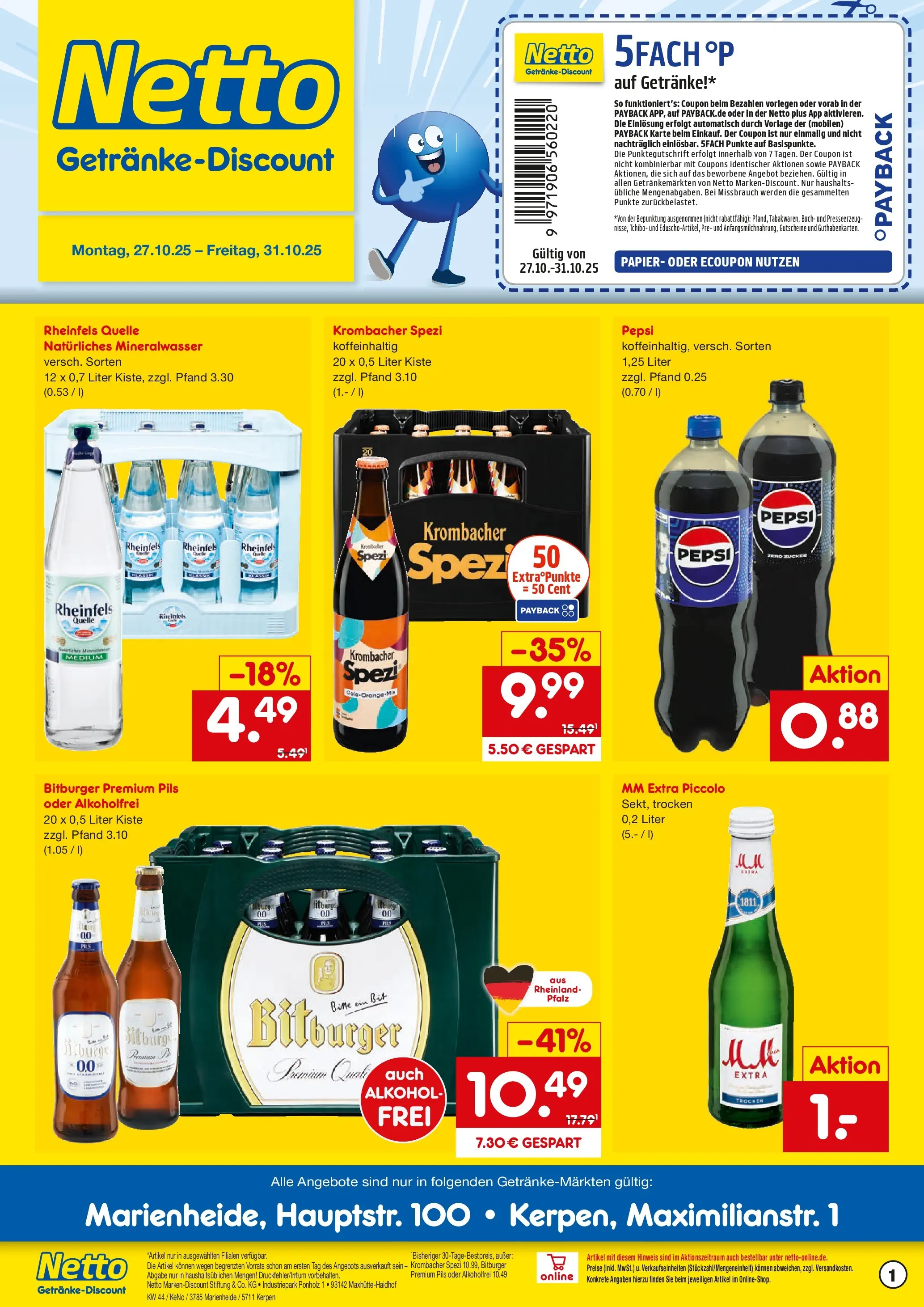 Netto Marken-Discount prospekt Kerpen	 (ab 27.10.2025) » Angebote | Seite: 1 | Produkte: Bitburger, Mineralwasser, Krombacher, Rheinfels quelle