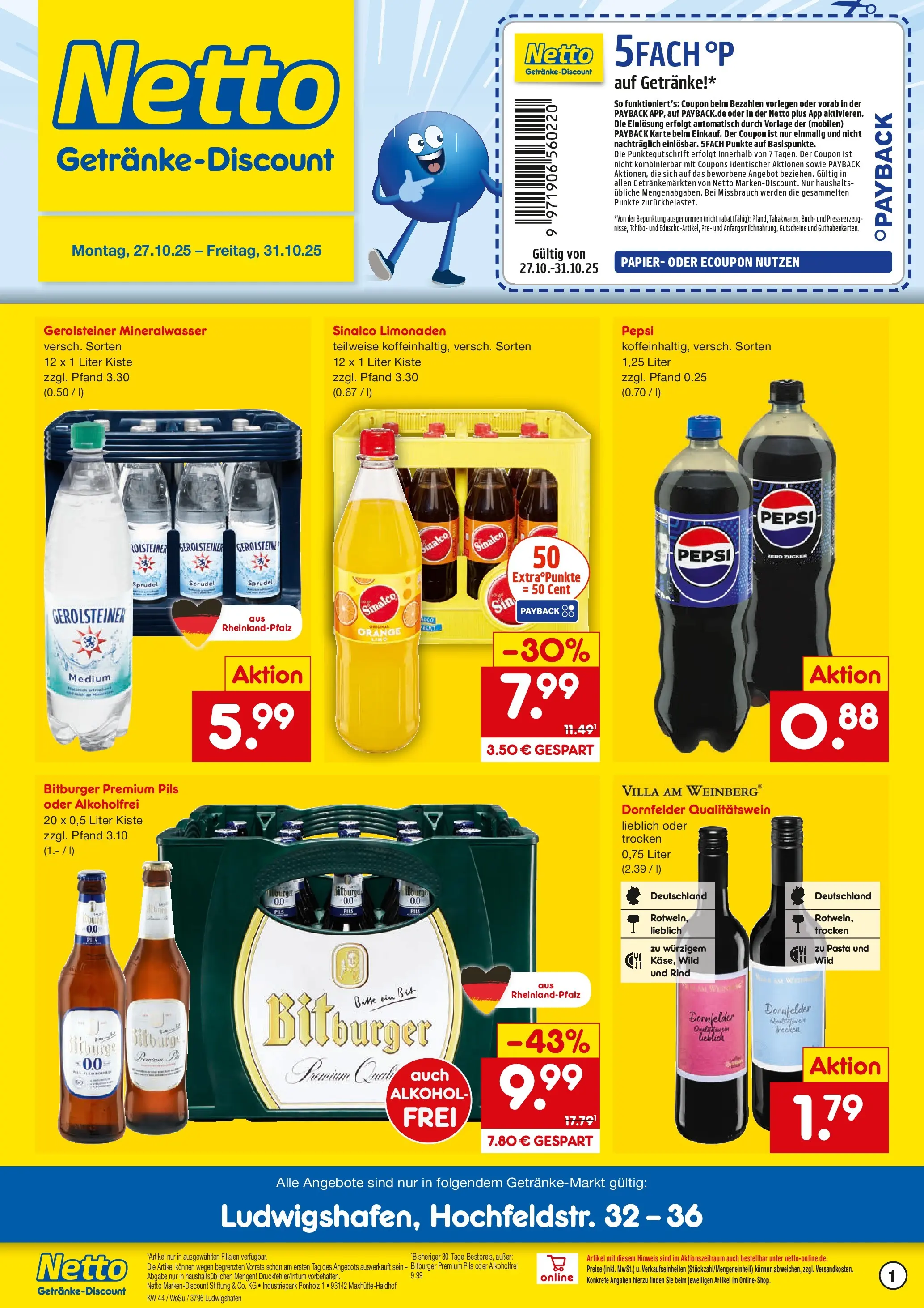 Netto Marken-Discount prospekt Ludwigshafen	 (ab 27.10.2025) » Angebote | Seite: 1 | Produkte: Sinalco, Pils, Mineralwasser, Pasta