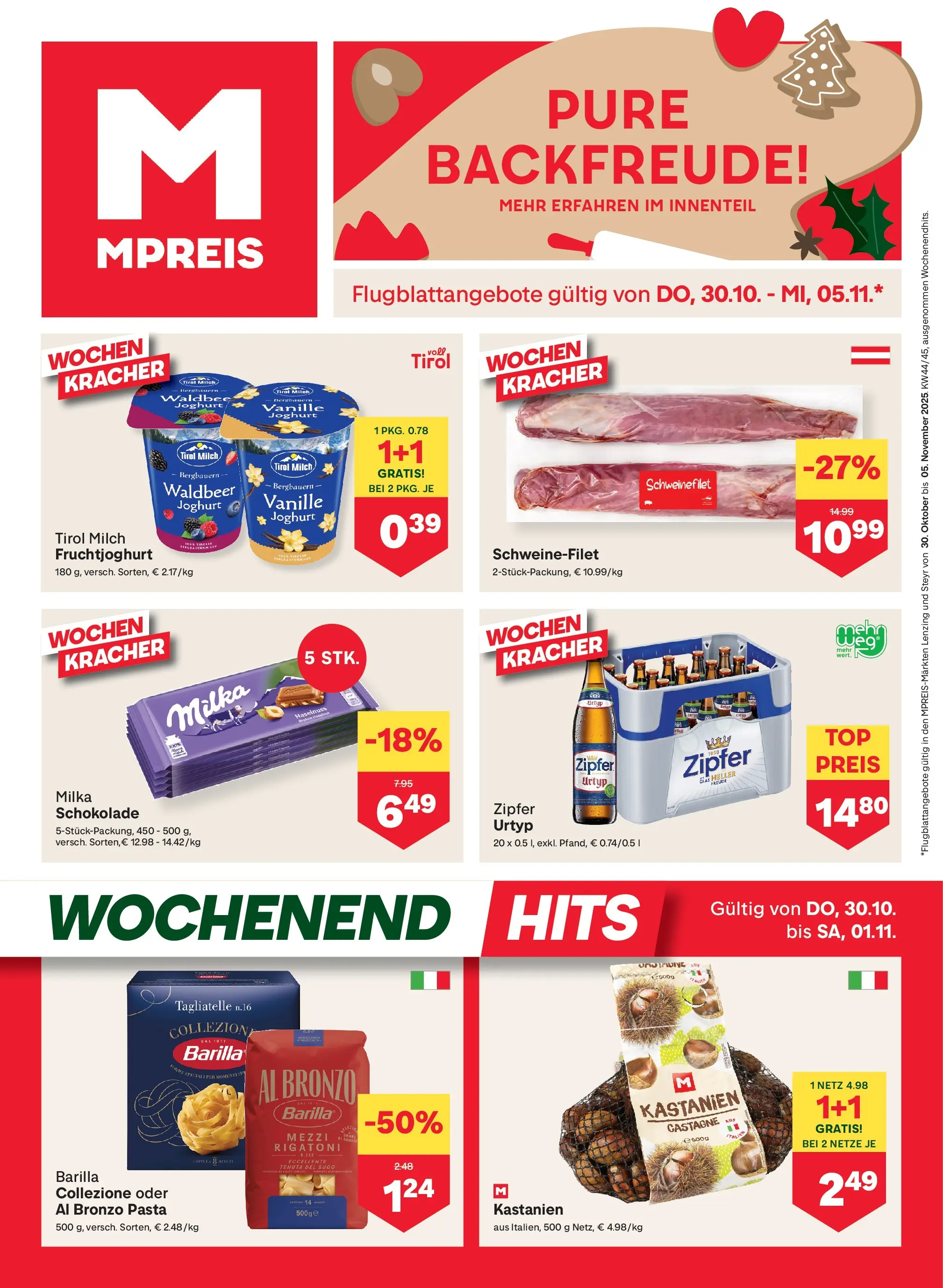 MPREIS Steyr von 29.10.2025 - Aktuelle Angebote | Seite: 1 | Produkte: Pasta, Milch, Joghurt, Schokolade