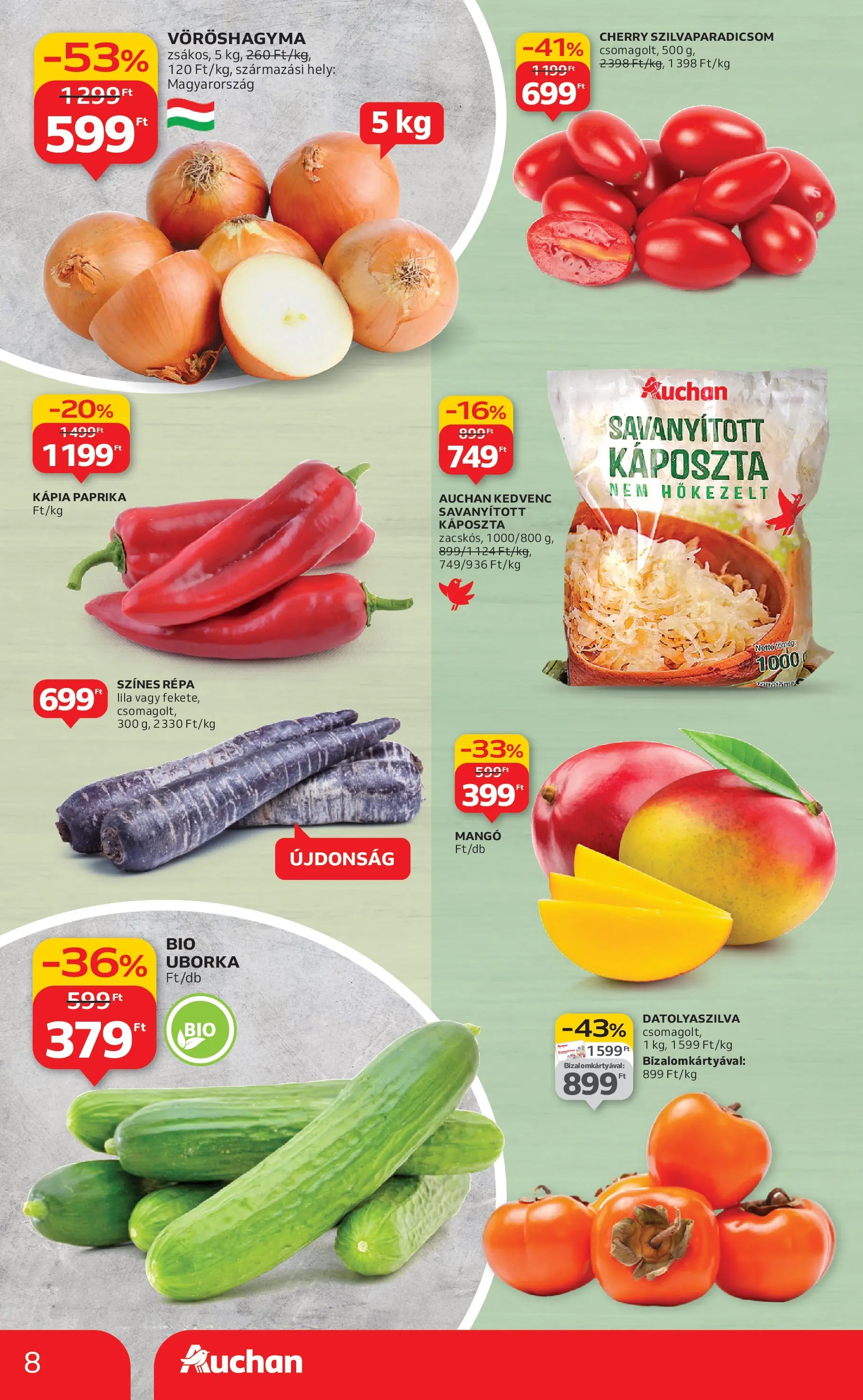 Auchan Akciós újság Miskolc - 2025.10.24. -tól/töl > akció, lapozható szórólap 🛍️ | Oldal: 8 | Termékek: Vöröshagyma, Répa, Kápia paprika, Mangó
