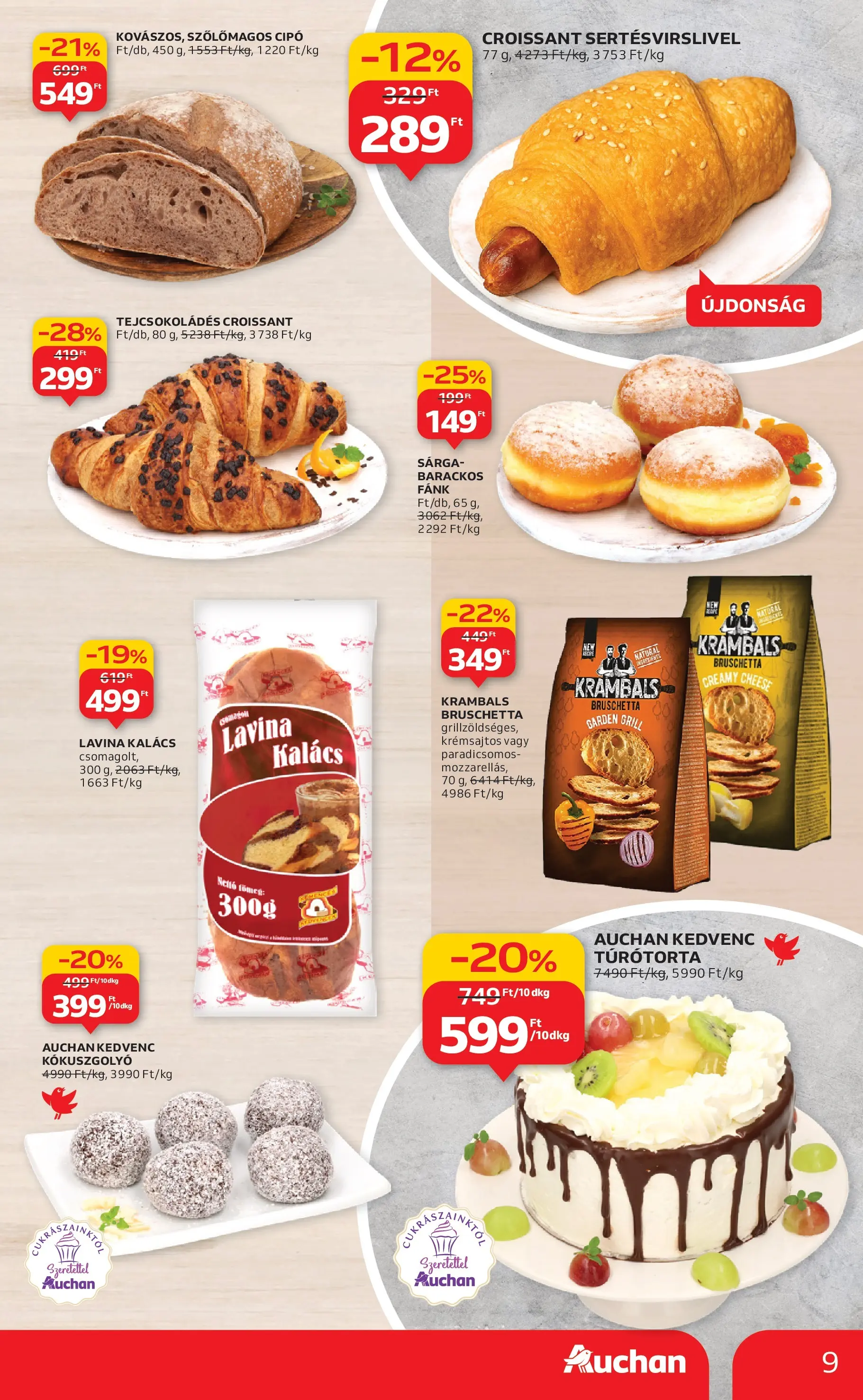 Auchan Akciós újság Miskolc - 2025.10.24. -tól/töl > akció, lapozható szórólap 🛍️ | Oldal: 9 | Termékek: Croissant, Fánk, Kalács, Bruschetta