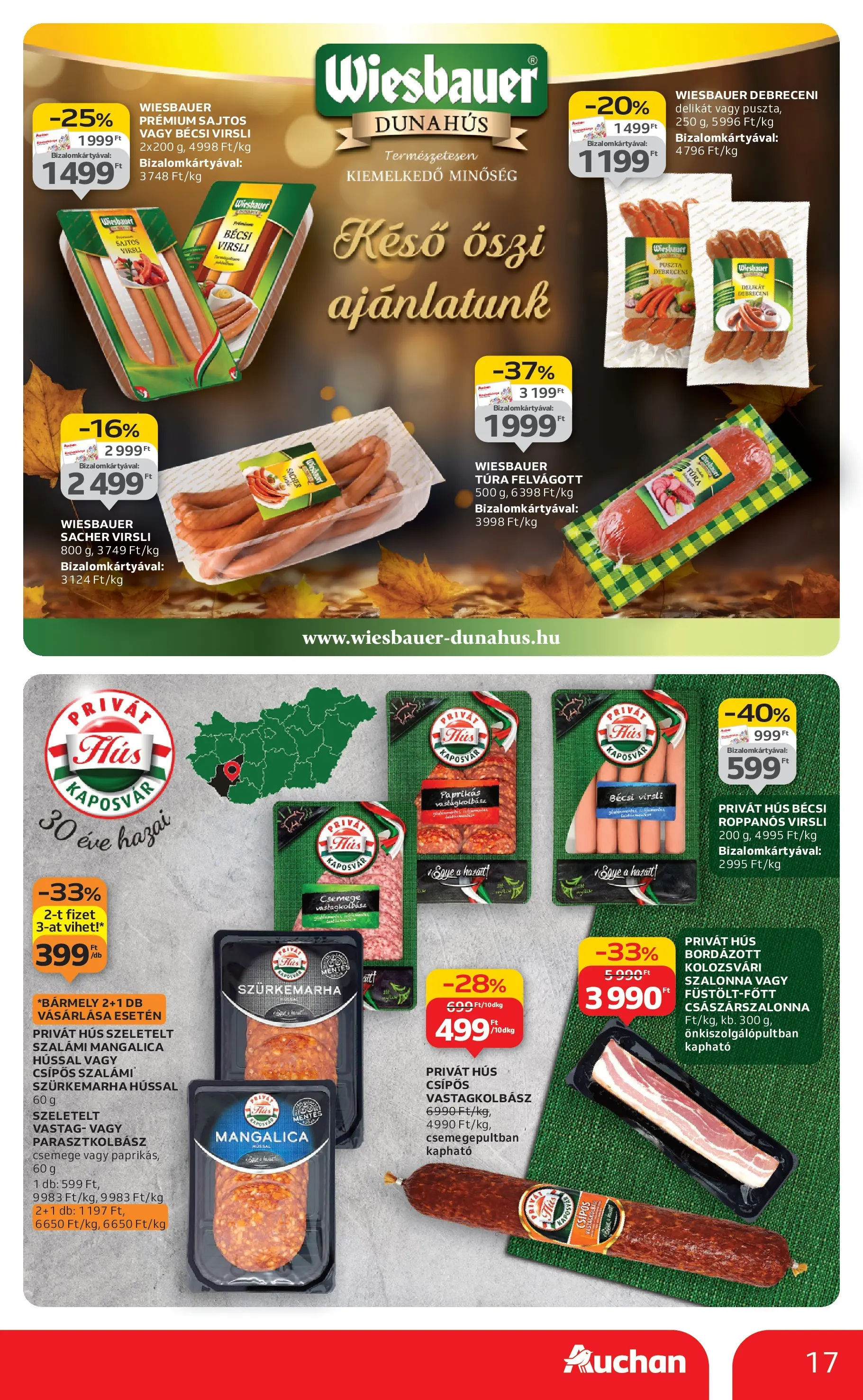 Auchan Akciós újság Miskolc - 2025.10.24. -tól/töl > akció, lapozható szórólap 🛍️ | Oldal: 17 | Termékek: Virsli, Szalámi, Szalonna, Felvágott