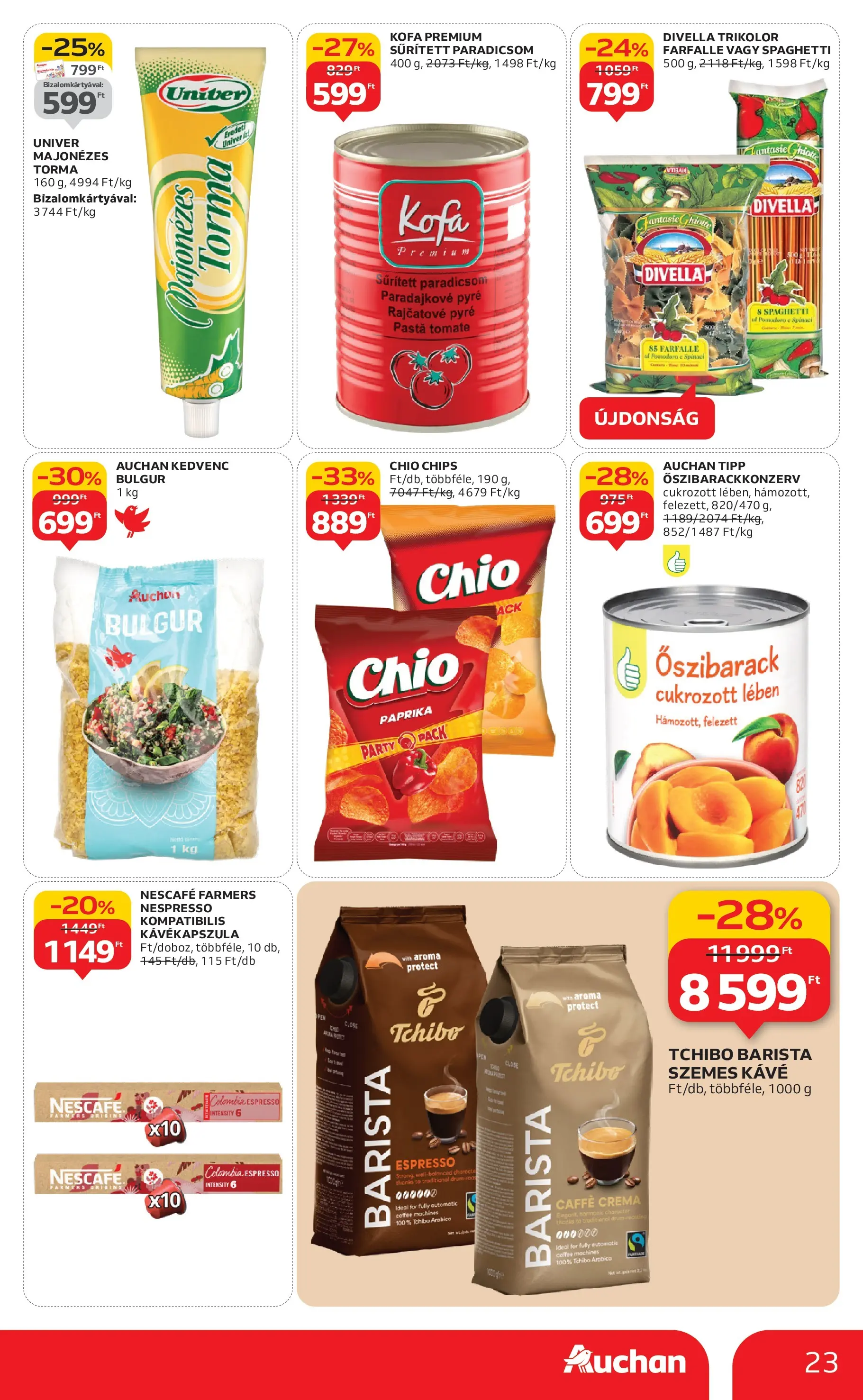 Auchan Akciós újság Miskolc - 2025.10.24. -tól/töl > akció, lapozható szórólap 🛍️ | Oldal: 23 | Termékek: Sűrített paradicsom, Chips, Kávékapszula, Kávé