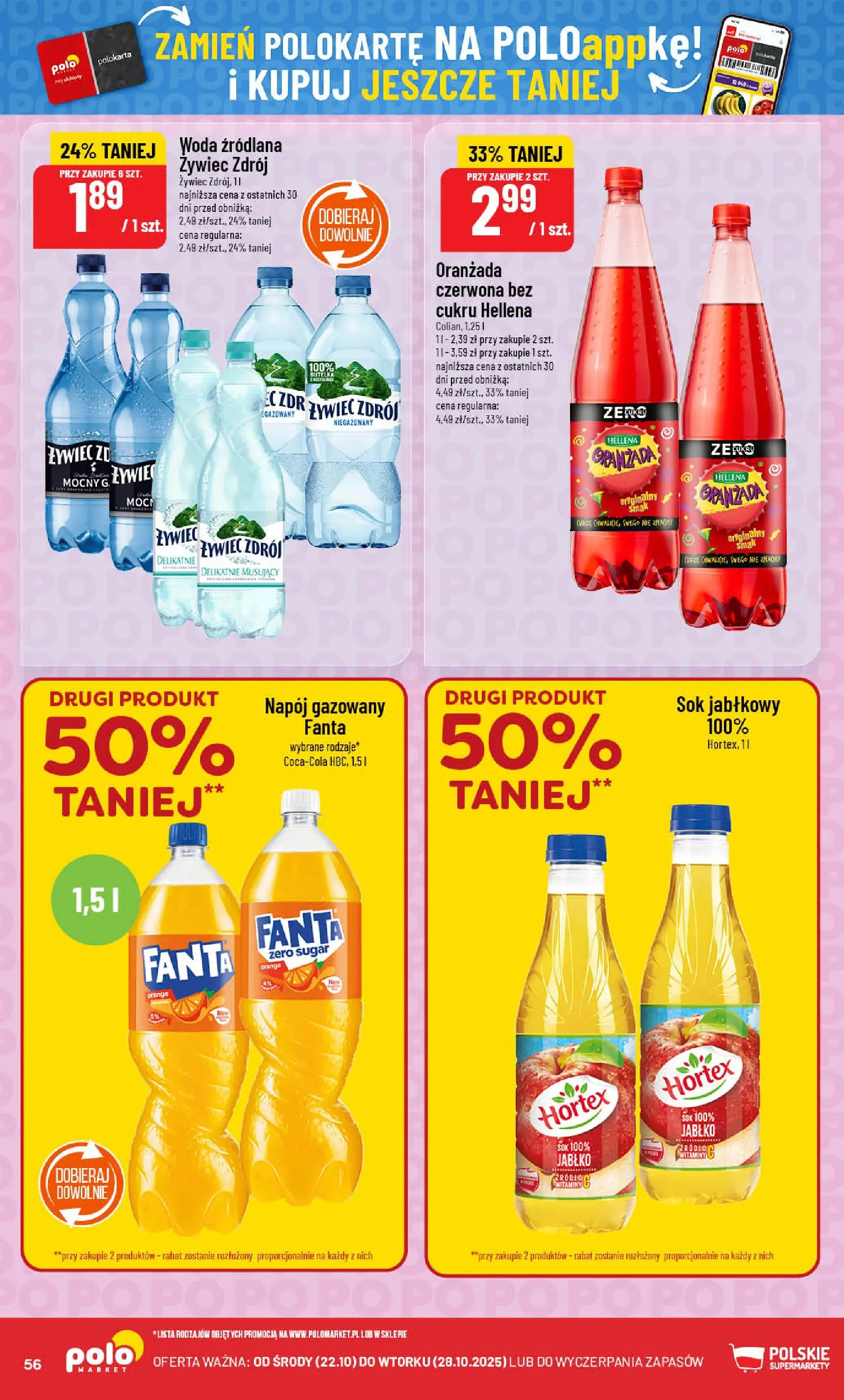 POLOmarket gazetka od jutra (22.10.2025) - Nowa PDF | Strona: 56 | Produkty: Sok jabłkowy, Woda źródlana, Sok, Woda