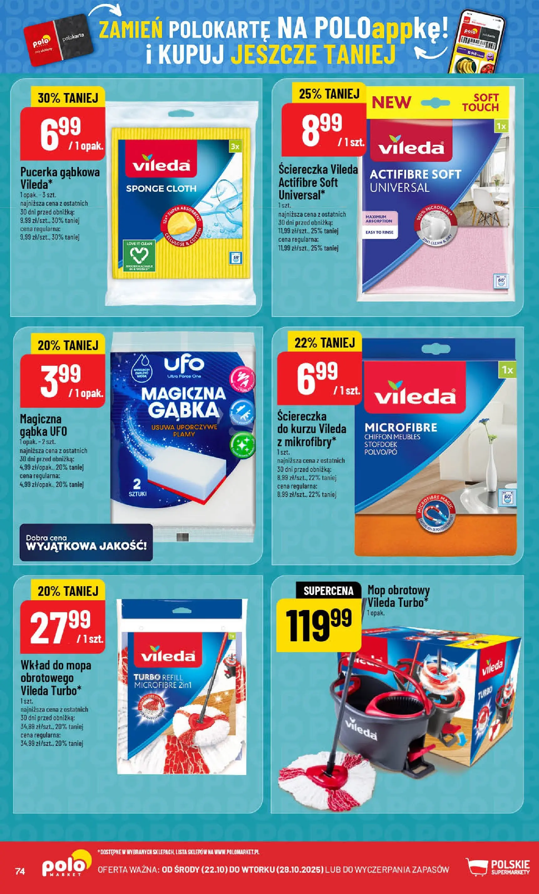 POLOmarket gazetka od jutra (22.10.2025) - Nowa PDF | Strona: 74 | Produkty: Mop obrotowy vileda, Gąbka, Mop obrotowy, Vileda