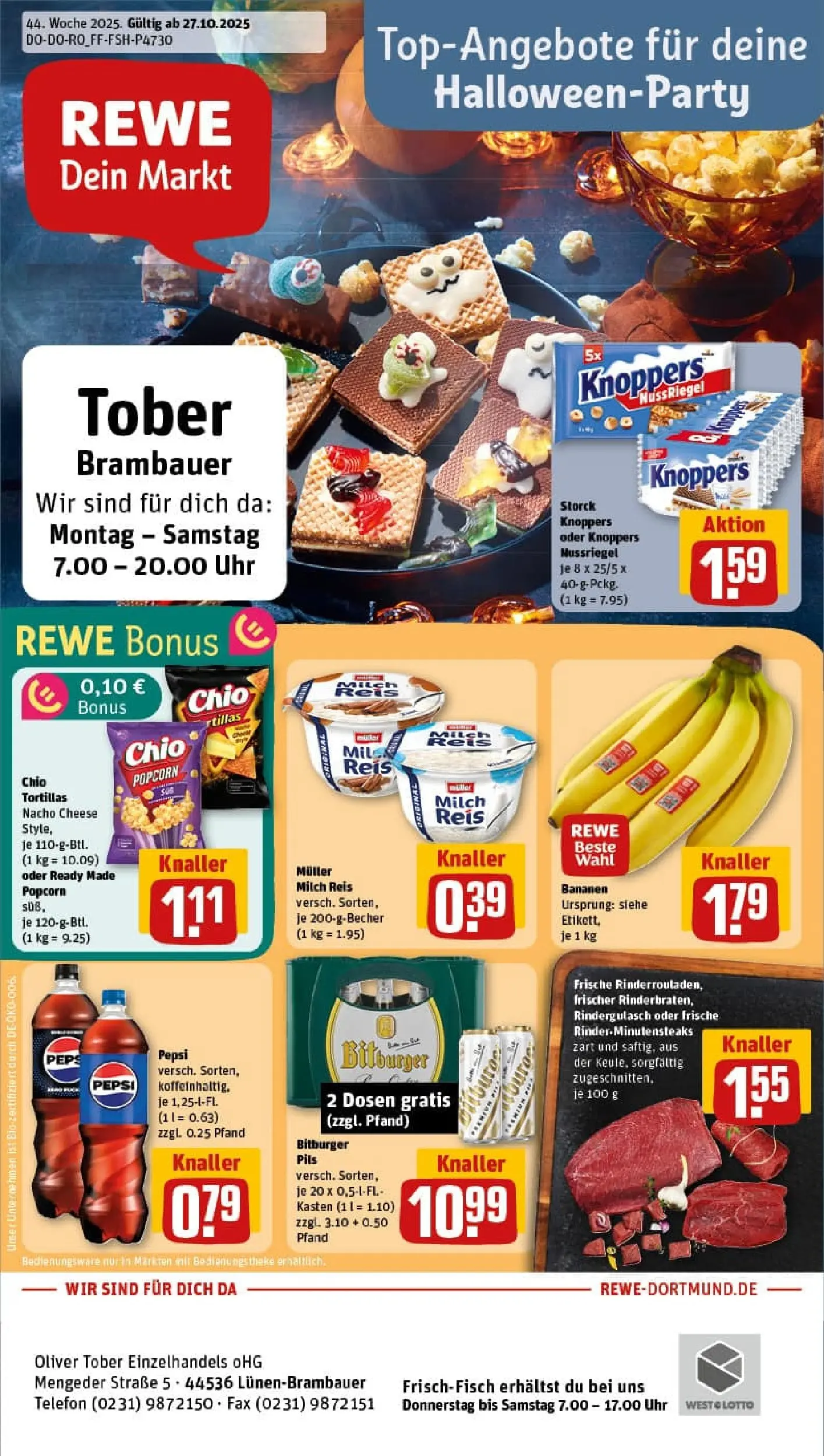 REWE Prospekt ab 26.10.2025 zum Blättern » Angebote | Seite: 1 | Produkte: Rindergulasch, Milch, Pudding, Telefon
