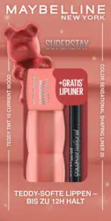 MAYBELLINE NEW YORK Lippenstift Super Stay Teddy Tint 10 Current Mood, & gratis Lipliner Color Sensational 20 Nude Seduction