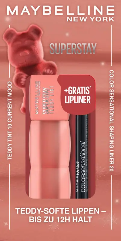 MAYBELLINE NEW YORK Lippenstift Super Stay Teddy Tint 10 Current Mood, & gratis Lipliner Color Sensational 20 Nude Seduction