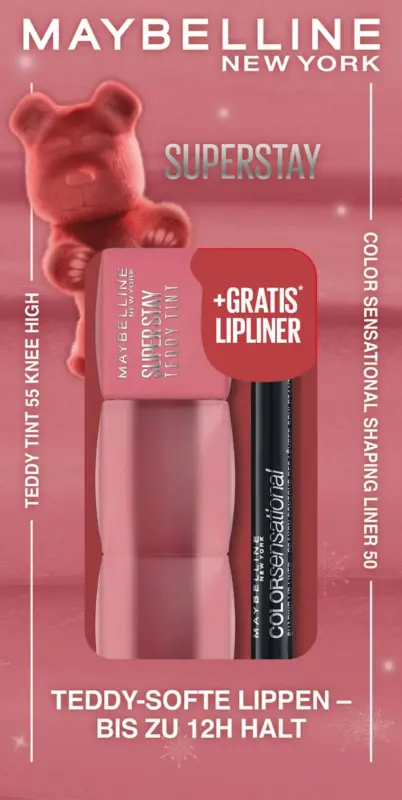 MAYBELLINE NEW YORK Lippenstift Super Stay Teddy Tint 55 Kneehigh & Gratis Lipliner Color Sensational 50 Dusty Rose