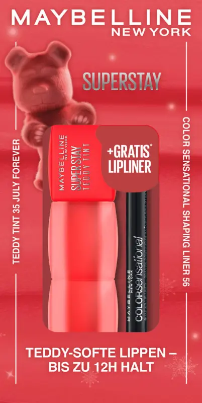 MAYBELLINE NEW YORK Lippenstift Super Stay Teddy Tint 35 July Forever & Gratis Lipliner Color Sensational 56 Almond Rose