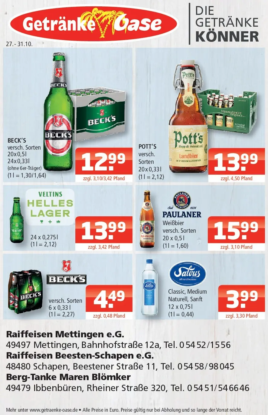 Entdecke - Getränke Oase: Getränkeangebote (ab 26.10.2025) zum Blättern | Seite: 1 | Produkte: Weißbier, Mineralwasser, Paulaner, Veltins