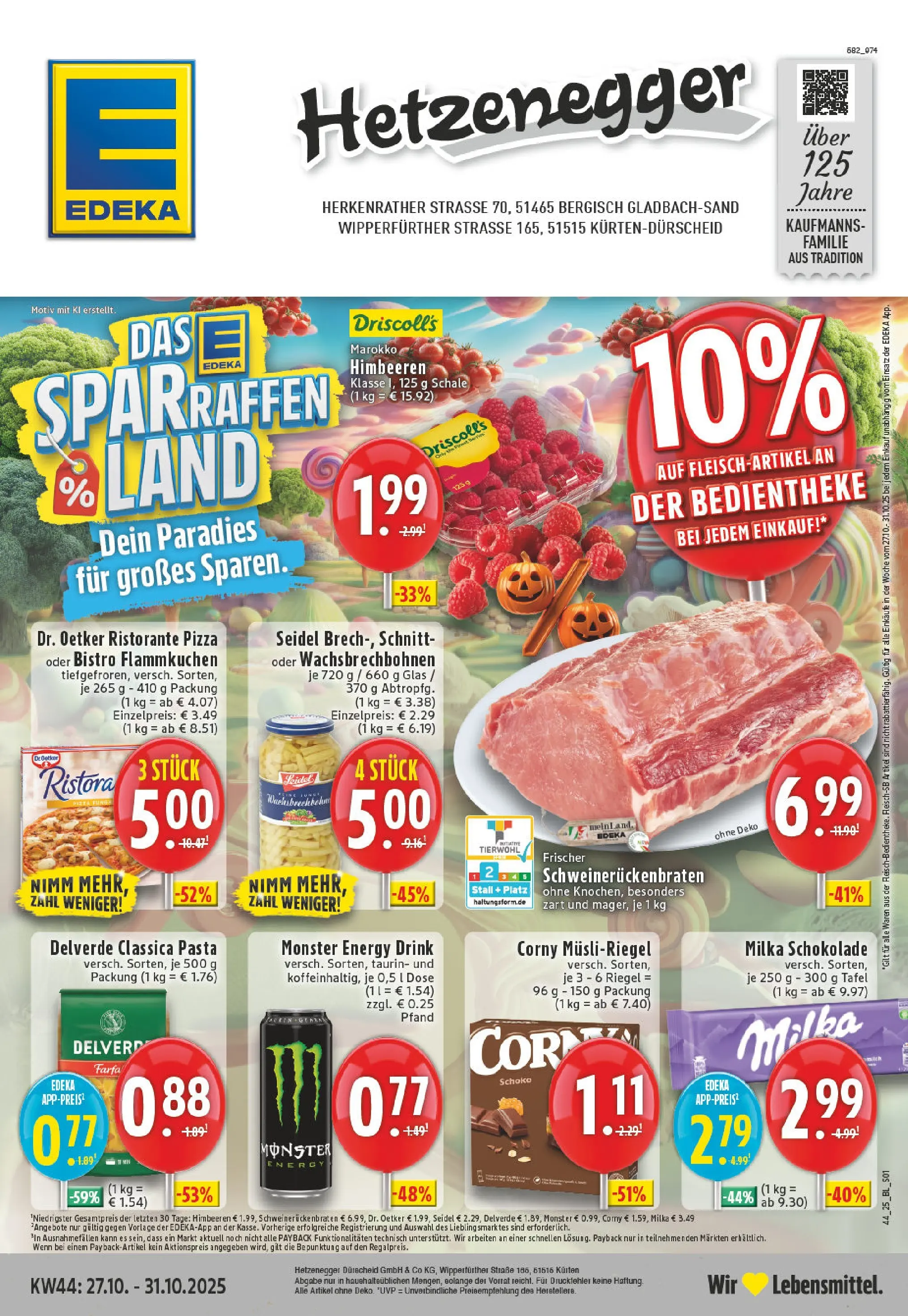 Edeka prospekt Kürten-Dürscheid	 (ab 26.10.2025) » Angebote Online | Seite: 1 | Produkte: Himbeeren, Milka schokolade, Monster, Pizza