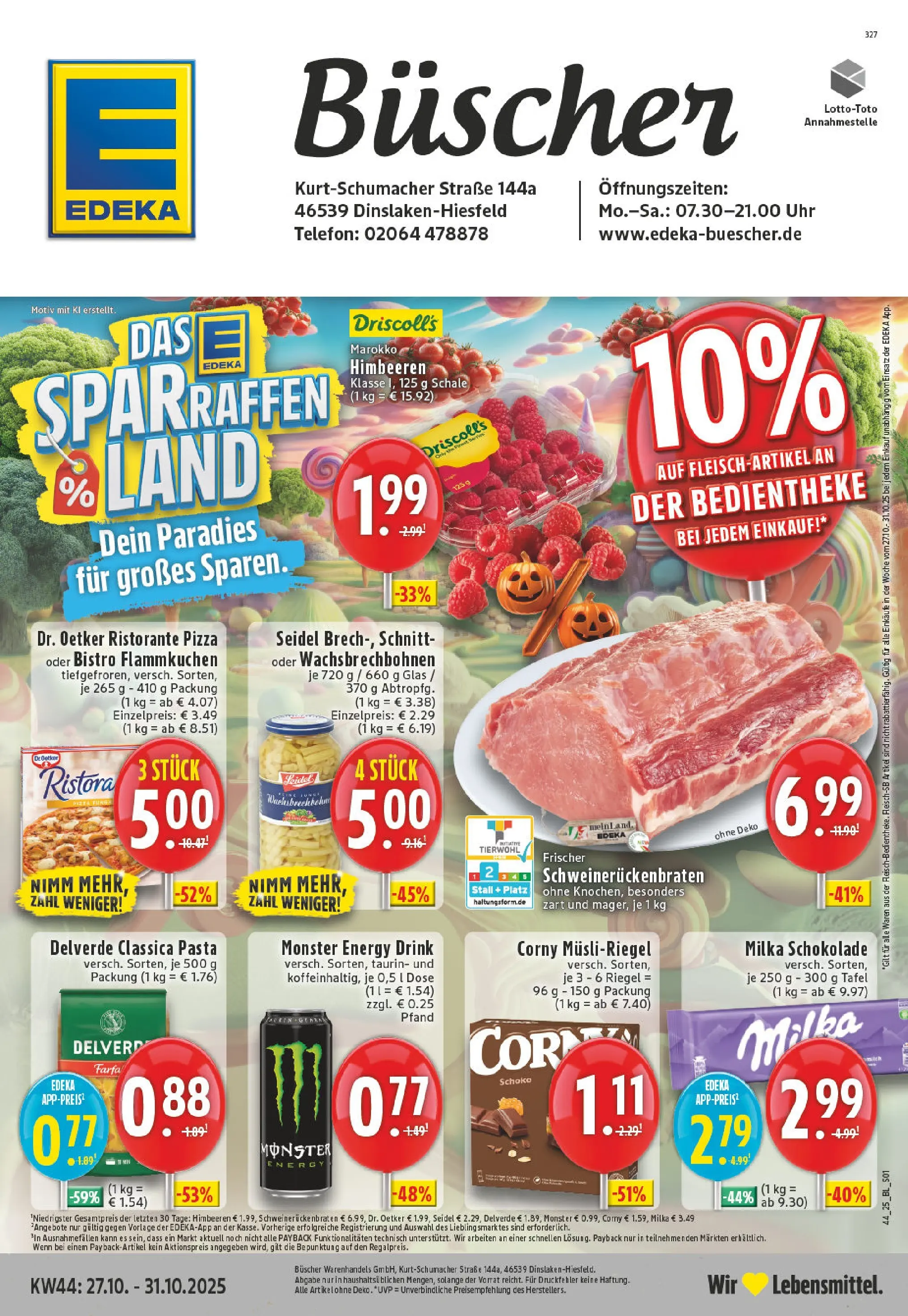 Edeka prospekt Dinslaken-Hiesfeld	 (ab 26.10.2025) » Angebote Online | Seite: 1 | Produkte: Himbeeren, Ristorante, Milka, Pasta