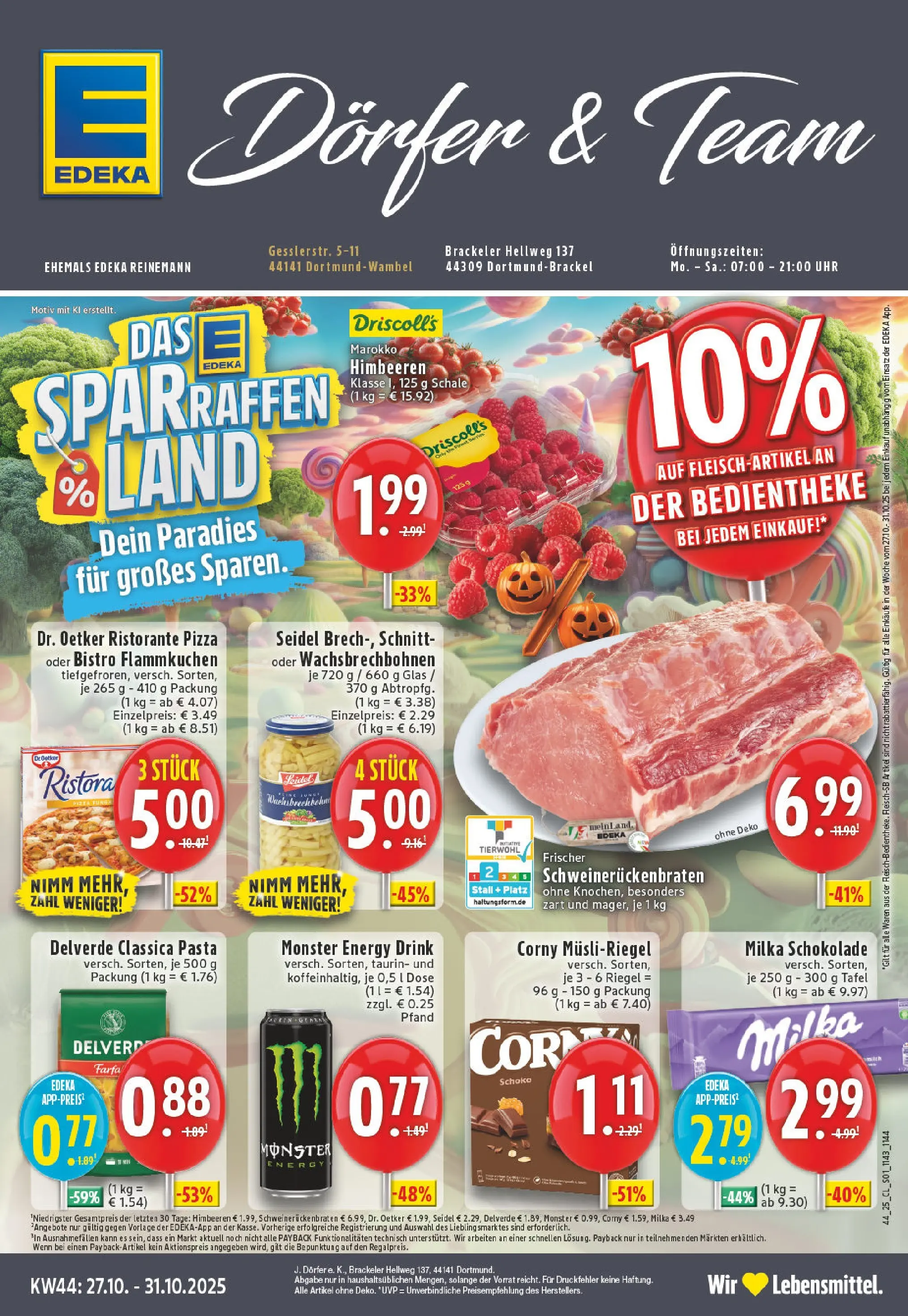 Edeka prospekt Dortmund-Brackel	 (ab 26.10.2025) » Angebote Online | Seite: 1 | Produkte: Himbeeren, Energy, Pasta, Pizza