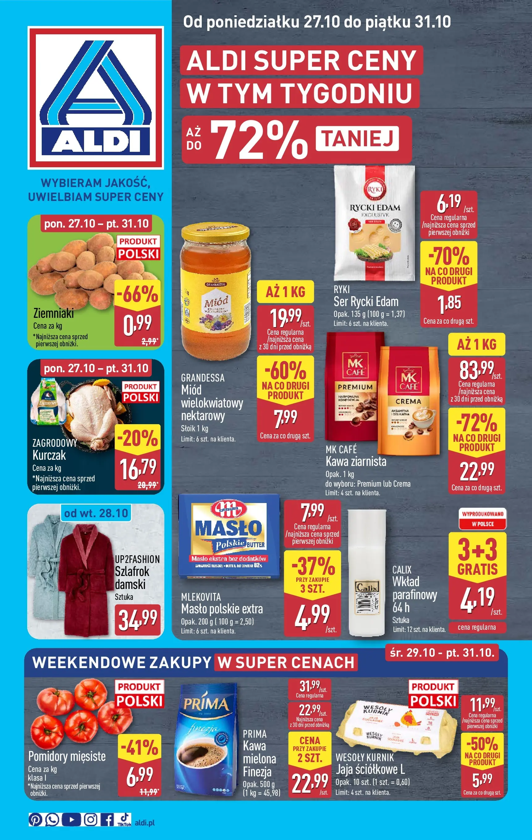 Aldi Gazetka od 27.10.2025 - Ulotka PDF, promocje | Strona: 1 | Produkty: Szlafrok, Miód, Kurczak, Masło Polskie