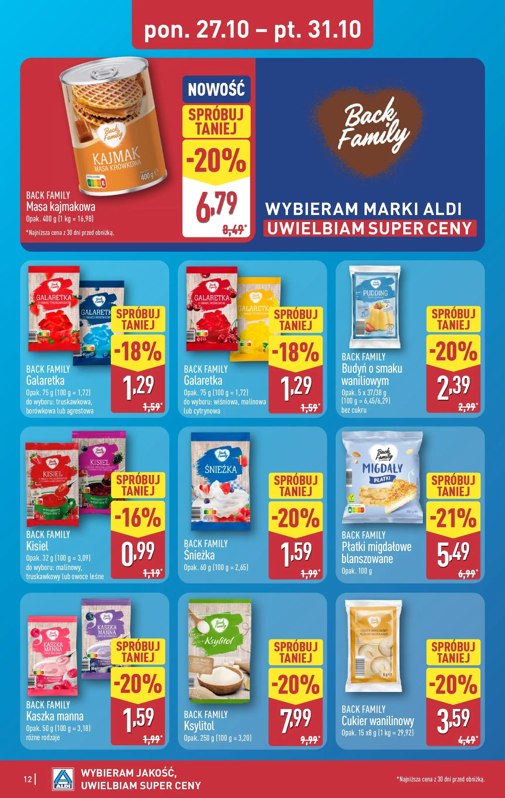 Aldi Gazetka od 27.10.2025 - Ulotka PDF, promocje | Strona: 12 | Produkty: Migdały płatki, Galaretka, Kaszka manna, Owoce
