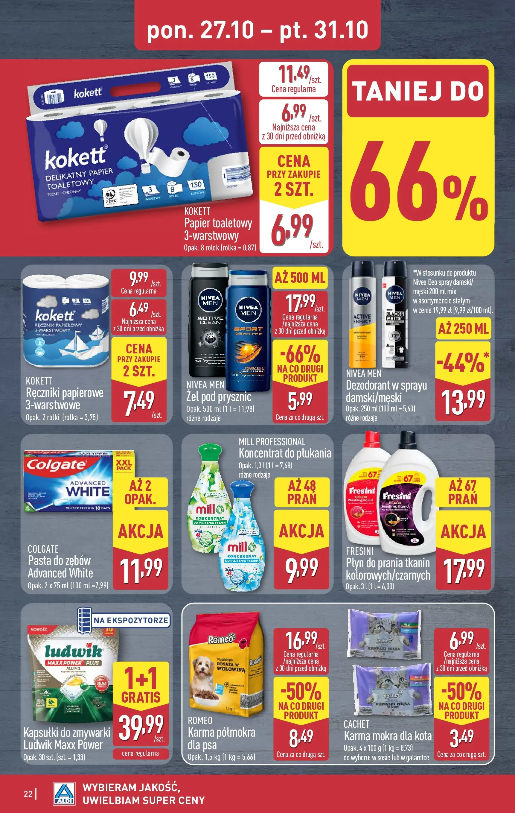 Aldi Gazetka od 27.10.2025 - Ulotka PDF, promocje | Strona: 22 | Produkty: Papier toaletowy, Karma mokra dla kota, Rolki, Wołowina