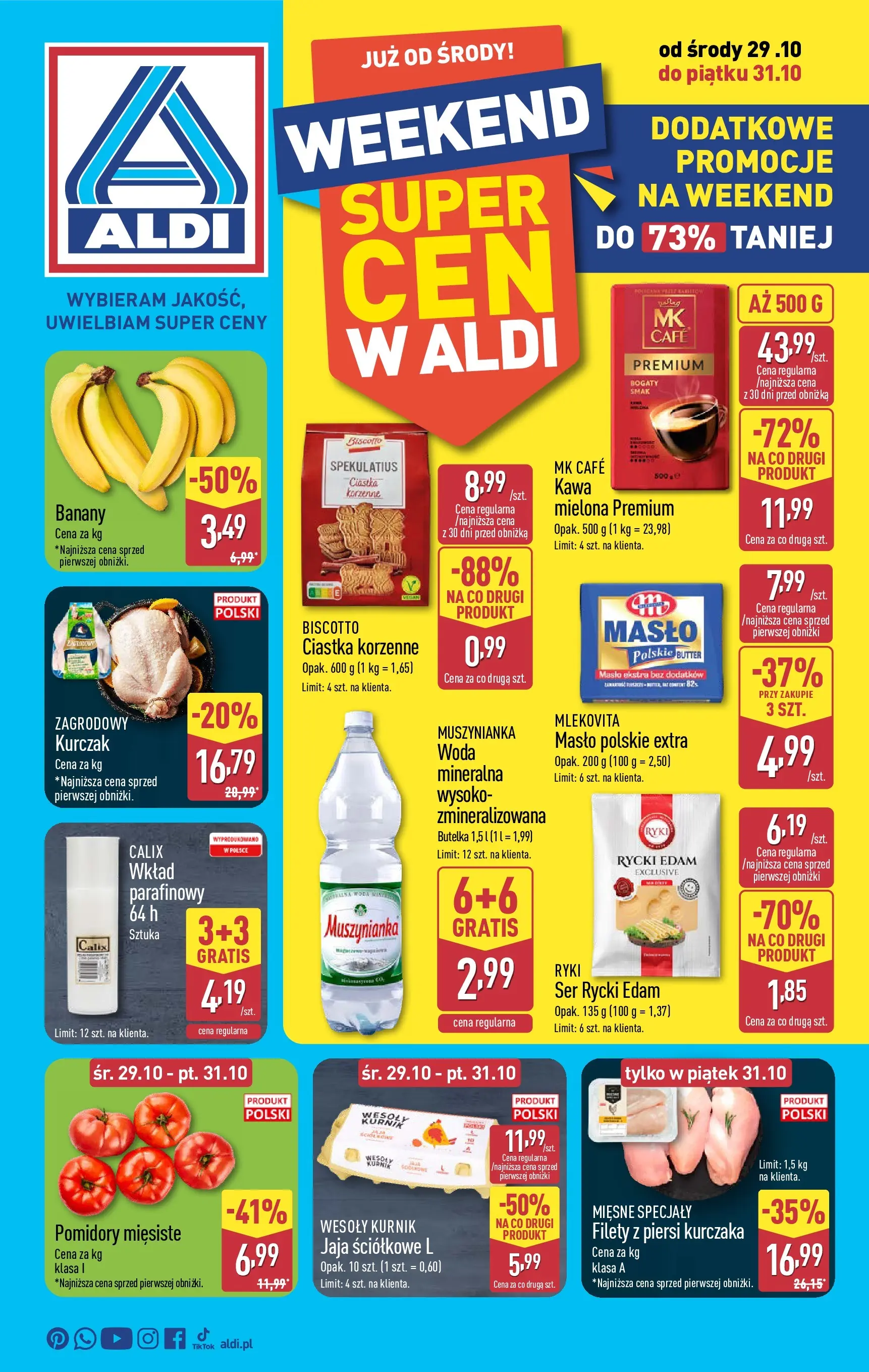 Aldi Gazetka - Okazje na weekend od 29.10.2025 - Ulotka PDF, promocje | Strona: 1 | Produkty: Piersi, Pomidory, Woda, Jaja
