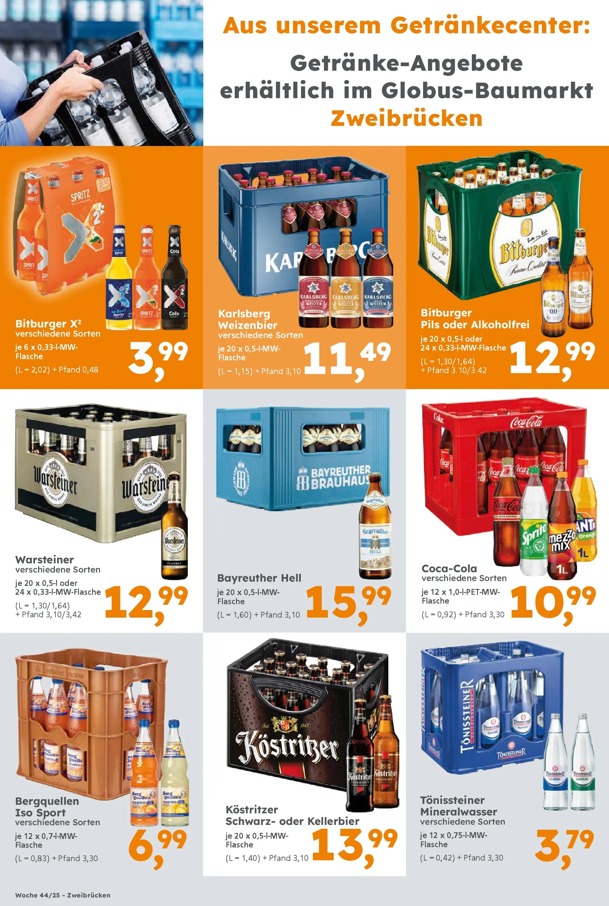 Globus Baumarkt prospekt Zweibrücken	 (ab 26.10.2025) zum Blättern | Seite: 9 | Produkte: Bayreuther hell, Coca cola, Sprite, Warsteiner