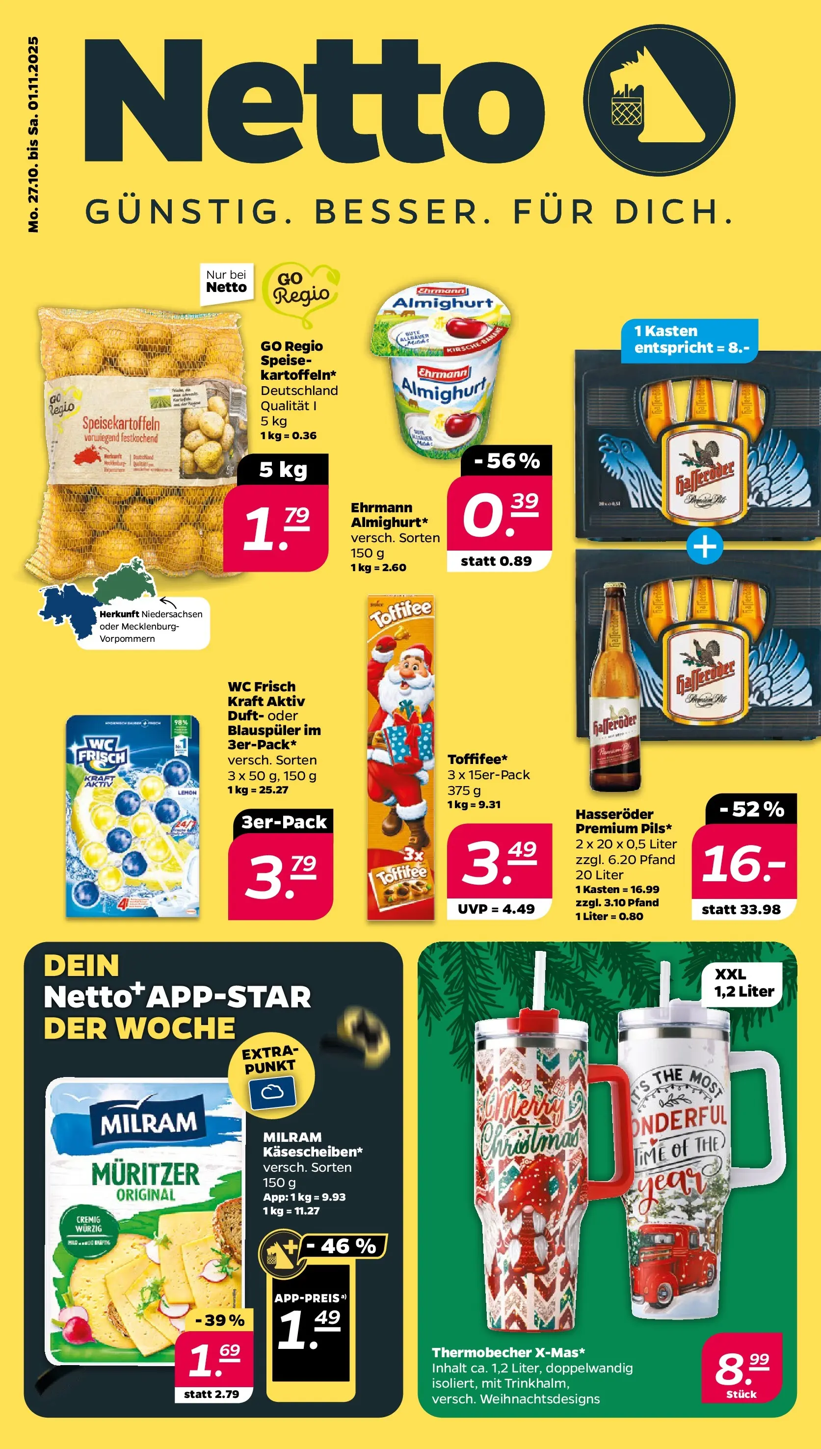 Netto - Netto APS : Wochenangebote ab 26.10.2025 → Angebote nächste Woche | Seite: 1 | Produkte: Duft, Milram, Wc frisch, Hasseröder