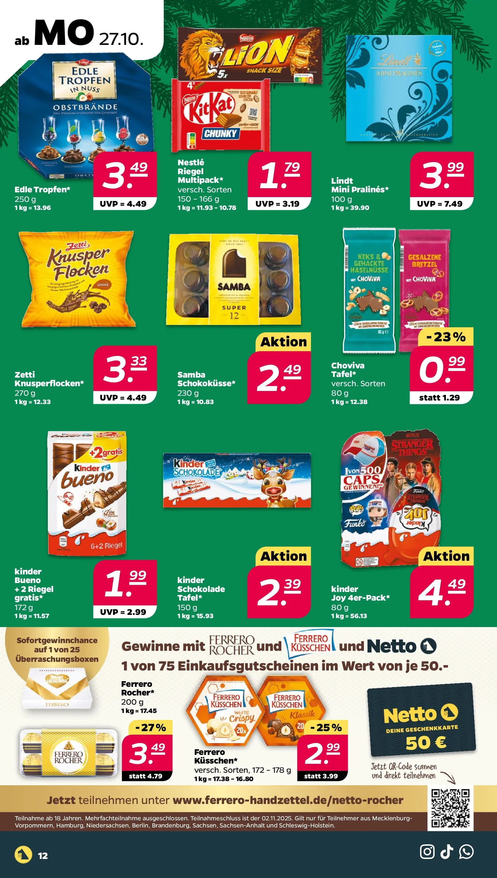 Netto - Netto APS : Wochenangebote ab 26.10.2025 → Angebote nächste Woche | Seite: 12 | Produkte: Ferrero rocher, Schokolade, Kinder bueno, Lindt