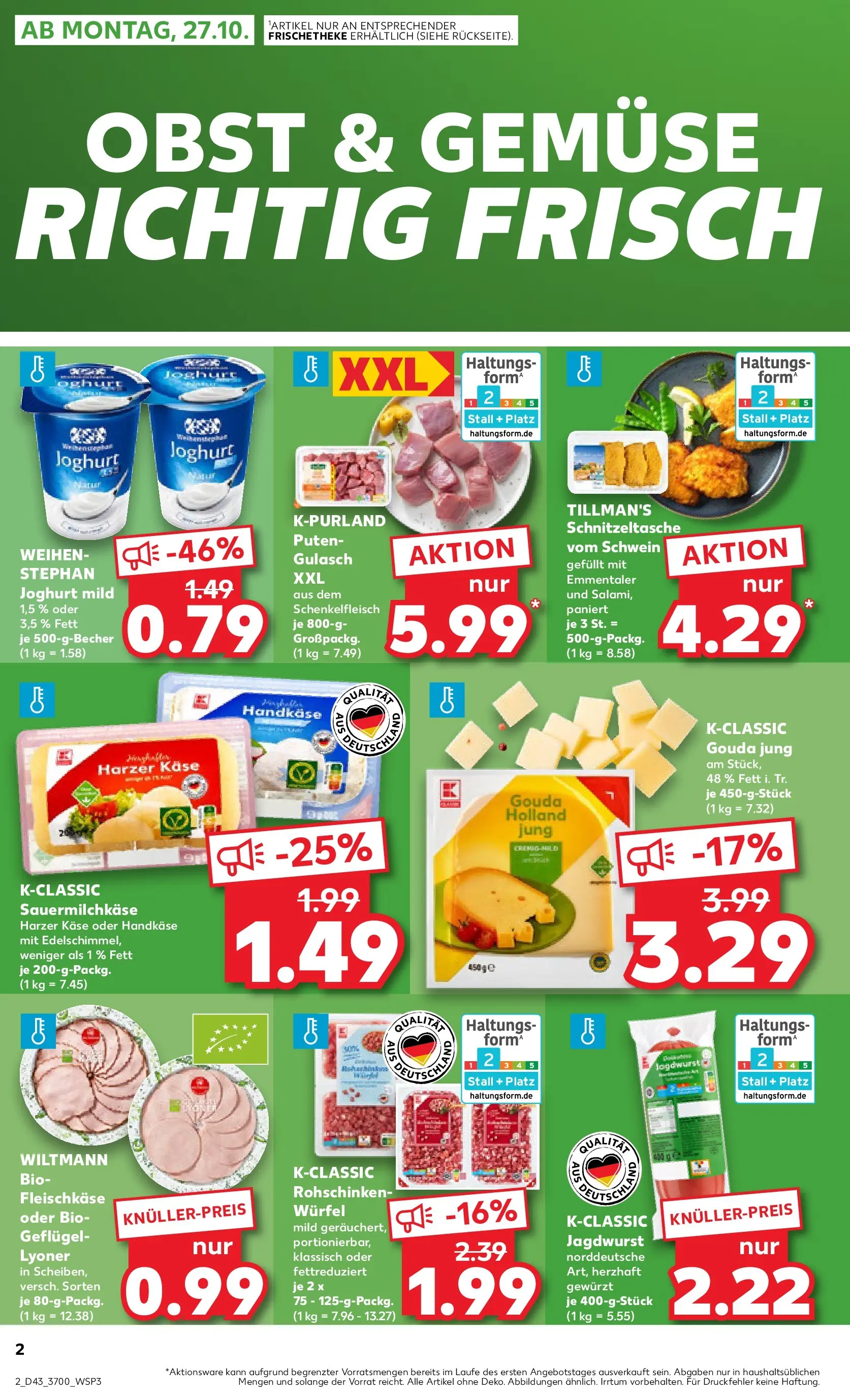 Prospekt Kaufland ab 27.10.2025 » Angebote Online zum Blättern | Seite: 2 | Produkte: Käse, Joghurt, Gouda, Gemüse