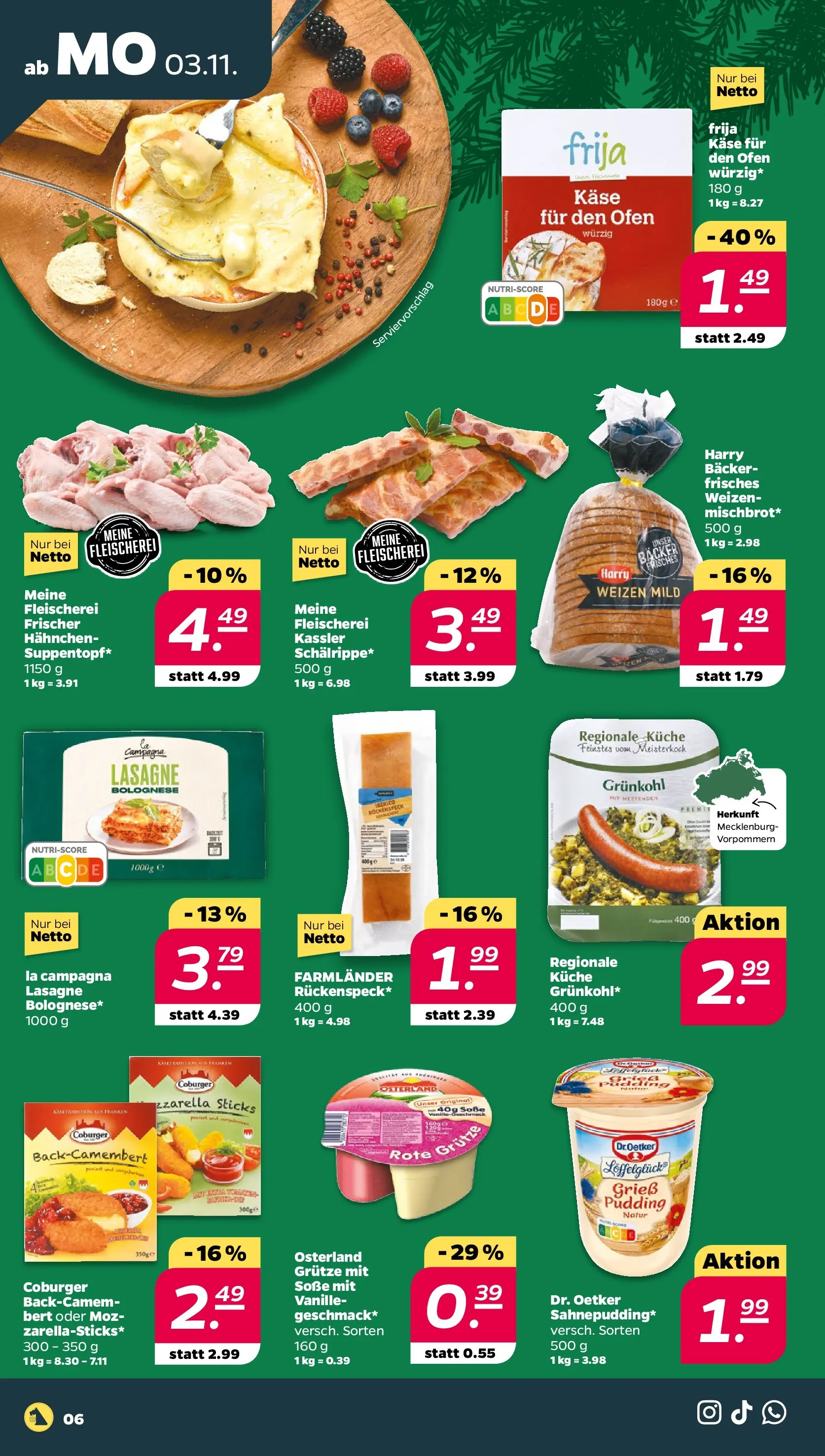 Netto Prospekt 	 ab 03.11.2025 → Angebote nächste Woche | Seite: 6 | Produkte: Ofen, Hahnchen, Käse, Soße