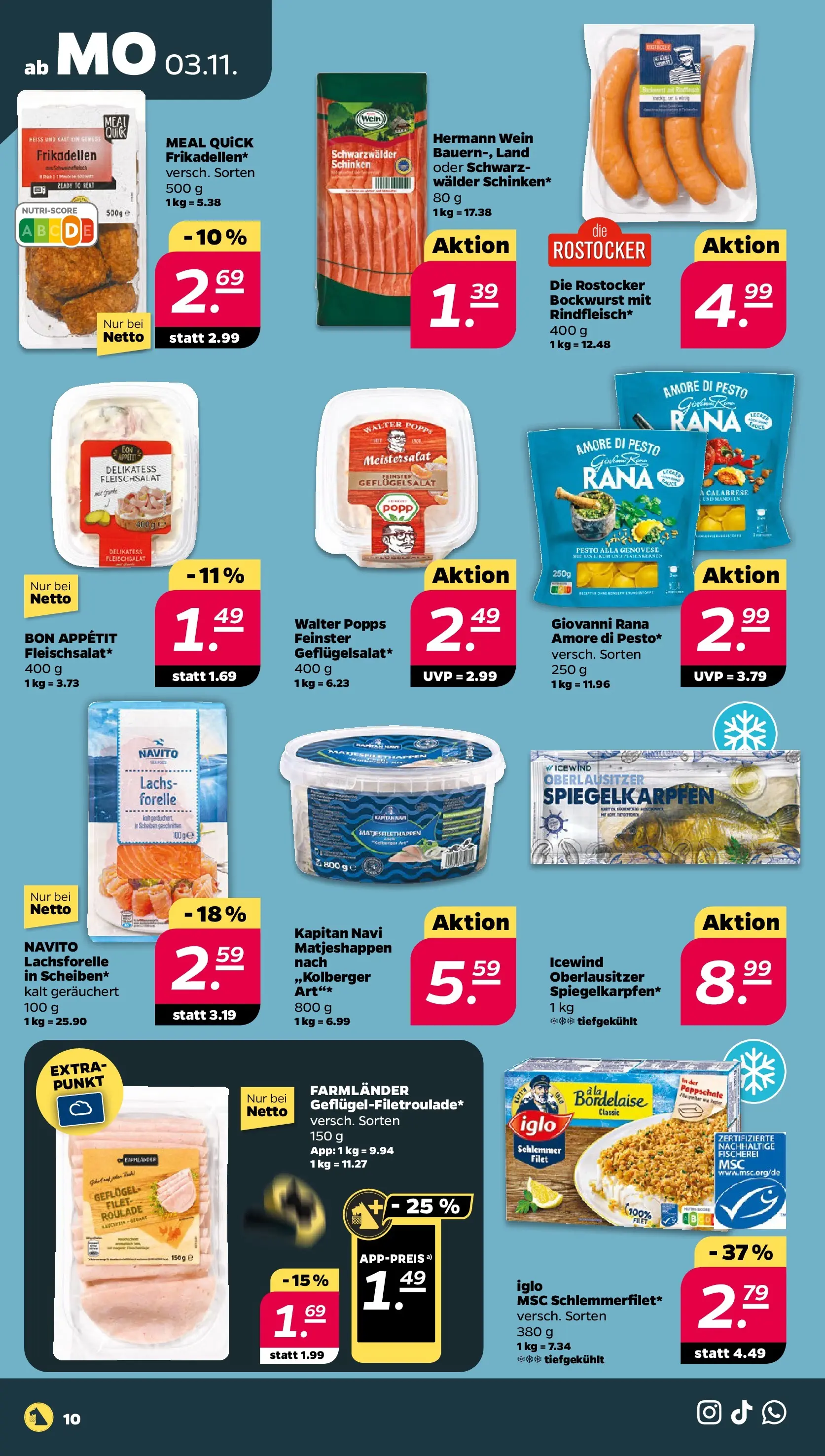 Netto Prospekt 	 ab 03.11.2025 → Angebote nächste Woche | Seite: 10 | Produkte: Bockwurst, Iglo, Lachs, Schinken